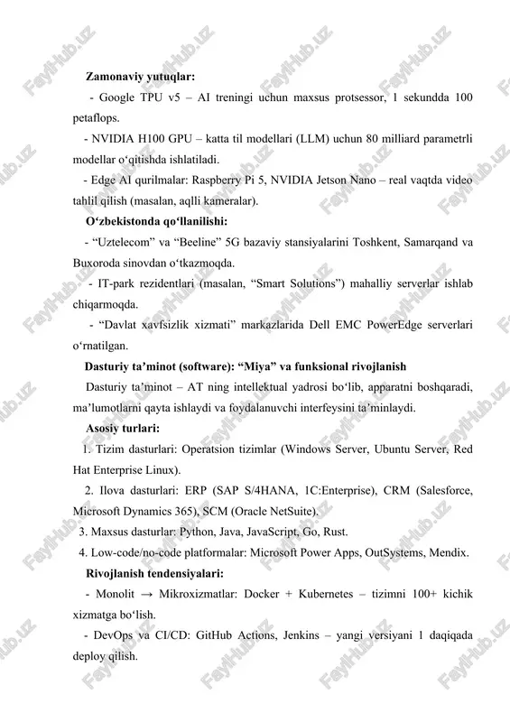 komponentlarini bir-biriga bogʻlaydi va maʼlumot almashinuvini taʼminlaydi. 2-jadval rivojlanish bosqichlari: yil texnologiya tezlik 1990 dial-up 56 kbit/s 2005 adsl 24 mbit/s 2015 4g lte 100 mbit/s 2025 5g nr 20 gbit/s, 1 ms kechikish 2030 6g (taxmin) 1 tbit/s, 0.1 ms zamonaviy texnologiyalar: - sdn (software-defined networking): cisco aci – tarmoqni dastur orqali boshqarish. - nfv (network function virtualization): funksiyalarni virtual mashinalarda ishlatish. - zero trust architecture: google beyondcorp – “hech kimga ishonma, har doim tekshir”. oʻzbekistonda: - 2024-yil oxirida toshkentda 5g sinov zonasi (ucell, huawei). - “uznet” akademik tarmogʻi – 100 gbit/s optik kanal. - “smart city tashkent” loyihasi – 10 000+ iot sensorlari. 2. axborot tizimlarining texnologik foydalari sohalar bo'yicha axborot tizimlari (at) faqat texnik infratuzilma emas, balki iqtisodiy, ijtimoiy va davlat boshqaruvidagi samaradorlikni tubdan oʻzgartiruvchi katalizator hisoblanadi. ushbu qismda at ning texnologik afzalliklari toʻrtta asosiy soha boʻyicha tahlil etiladi: biznes va iqtisodiyot, taʼlim, sogʻliqni saqlash hamda davlat …