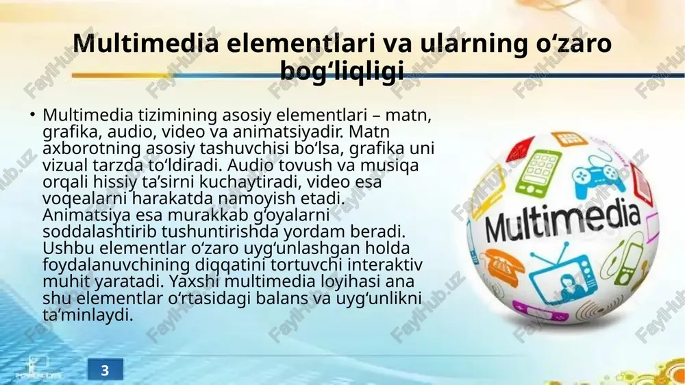 lutli xizmatlar multimedia ishlab chiqarishni global miqyosda qulaylashtirdi. 14 multimedia o‘yinlar industriyasi kompyuter va mobil o‘yinlar bugungi kunda multimediya texnologiyalarining eng yirik tarmog‘iga aylangan. o‘yinlarda 3d grafika, real ovoz effektlari, jonli animatsiyalar va interaktiv ssenariylar birlashadi. o‘yinlar nafaqat ko‘ngilochar, balki o‘quv, tibbiy va psixologik maqsadlarda ham qo‘llanilmoqda. masalan, vr-o‘yinlar stressni kamaytirish yoki diqqatni rivojlantirish uchun ishlatiladi. multimedia o‘yinlari global iqtisodiyotda milliardlab daromad keltirmoqda. 15 multimedia va arxitektura arxitektura sohasida multimedia texnologiyalari loyihalarni 3d ko‘rinishda namoyish etish, virtual sayr qilish va animatsion prezentatsiyalar tayyorlashda qo‘llaniladi. bu yondashuv mijozlarga loyihaning haqiqiy ko‘rinishini oldindan ko‘rish imkonini beradi. vr va ar texnologiyalari yordamida bino ichida yurish yoki tashqi ko‘rinishni real vaqt rejimida o‘zgartirish mumkin. natijada, arxitektura jarayoni ancha interaktiv va ta’sirli bo‘lib bormoqda. 16 multimedia xavfsizligi va mualliflik huquqi multimedia kontentining keng tarqalishi bilan birga mualliflik huquqlarini himoya qilish muammosi dolzarb bo‘ldi. raqamli fayllarni ruxsatsiz nusxalash yoki tarqatish mualliflar uchun iqtisodiy zarar keltiradi. shu …