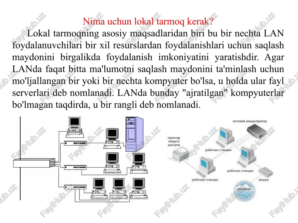 ulanish miqdori maksimal aloqa uzunligi, m 802.11 radioto‘lqin 2 128 300 802.11a radioto‘lqin 54 2048 100 802.11b radioto‘lqin 11 2048 300 802.11g radioto‘lqin 54 2048 300 802.11n radioto‘lqin 300 2048 450 10base-5 koaksial kabel 10 500 2500 10base-2 koaksial kabel 10 150 925 10base-t o‘ralgan juft 10 1024 500 10base-f shisha tolali 10 1024 5000 100base-tx o‘ralgan juft 100 1024 205 100base-t4 o‘ralgan juft 100 1024 205 100base-fx shisha tolali 100 1024 2000 1000base-t o‘ralgan juft 1000 1024 205 bluetooth 3.0 radioto‘lqin 24 8 100 homepna 3.1 telefon sim, koaksial kabel 320 64 600 - koaksial standartlari 10base-5, 10base-2 va 10base-t; - 54 mbit/s tezlikdan past bo‘lgan standartlar: 10base-t, 10base-f, ieee 802.11, ieee 802.11b, bluetooth 3.0. maxalliy tarmoqda tarmoq standartlarini ishlatilish variantlari maxalliy tarmoq varianti tarmoq standarti 5 ta kompyutergacha bo‘lgan ofis tarmog‘i, 1 ta ma’lumotlar bazasi serveri, 1 ta tarmoq printeri 802.11g, 802.11n, 100base-tx, homepna 3.1, homeplug av 5-10 …