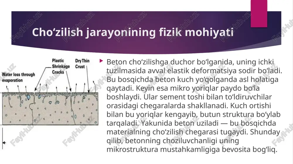 ay ataladi? a) quruq qisqarish b) plastik qisqarish c) kimyoviy qisqarish d) avtoklavli qisqarish ✅ javob: b 9. betonning qisqarish miqdori odatda qanday diapazonda bo‘ladi? a) 0,01–0,03 b) 0,001–0,003 c) 0,0001–0,0003 d) 0,1–0,3 ✅ javob: c 10. qisqarish yoriqlari asosan qaysi konstruksiyalarda ko‘p uchraydi? a) po‘lat konstruksiyalarda b) yog‘och tom yopmalarda c) keng yuzali beton plitalar va pollarda d) armatura bo‘lmagan sopol plitalarda ✅ javob: c 11. betonning cho‘zilish va qisqarish xususiyatlarini kamaytirish uchun eng samarali chora: a) faqat suvni ko‘paytirish b) issiqlik bilan quritish c) armaturalash va suv-sement nisbatini me’yorda ushlash d) betonning quritilishini tezlashtirish ✅ javob: c 12. betonda cho‘zilish sinovlari odatda qanday qurilmada o‘tkaziladi? a) press mashinada b) tensometrik sinov stendida c) termostatda d) vakuum kamerada ✅ javob: b 13. betonning cho‘ziluvchanlik koeffitsienti odatda qanday qiymatda bo‘ladi? a) 0,01–0,02 b) 0,001–0,002 c) 0,0002–0,0004 d) 0,002–0,004 ✅ javob: c 14. armaturalangan betonning afzalligi nimada? a) u yengilroq bo‘ladi …