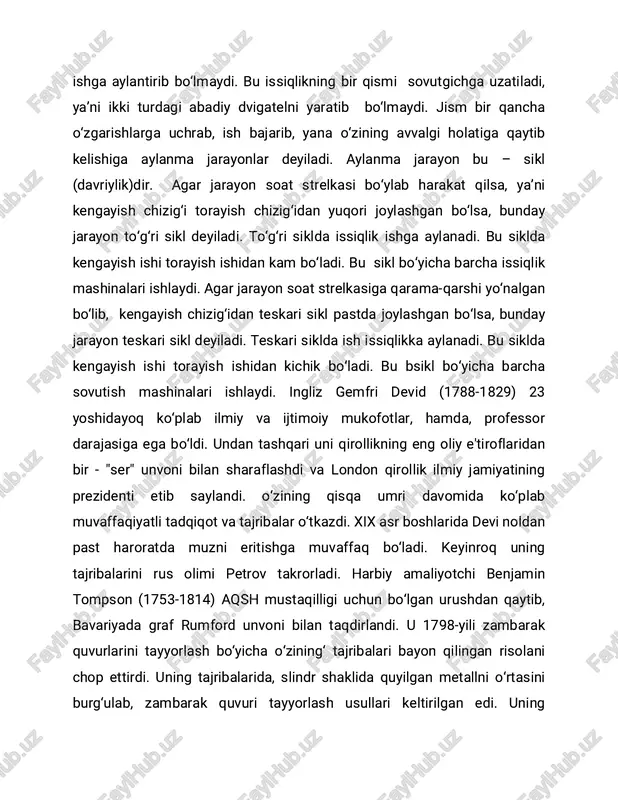 inalar haqida mulohaza" kitoblari ham aynan teplorod tushunchasi asosida yozilgan. furyening asari 1822 yilda parijda nashr etilgan bo‘lib, olimning matematik fizika bo‘yicha olib borgan ko‘p yillik izlanishlarining xulosalarini o‘zida namoyon etadi. termodinamikaning ikkinchi bosh qonuni 1824 yilda s. karno tomonidan ochilgan va karno sikli bilan bog’langan. shunga ko’ra, bu sikl amaliy hamda tarixiy ahamiyatga egadir. karno siklida, o’z – o’zicha bormaydigan jarayonlarning borishi uchun ularni o’z – o’zicha boruvchi jarayon bilan qo’shib birgalikda olib borish kerakligi yaqqol ko’rsatilgan. karno siklida, o’z -o’zicha bormaydigan – issiqlikni ishga aylanish jarayoni o’z-o’zicha boruvchi jarayonni issiqlikning issiq jismdan sovuq jismga o’z-o’zicha o’tish jarayoni bilan qo’shib birgalikda olib borganda amalga oshishi mumkinligi ko’rsatilgan. shu bilan birga texnikada amaliy ahamiyatga ega bo’lgan foydali ish koeffitsienti (�) ning nimalarga bog’liqligi va uni oshirish usullari ko’rsatilgan. karno sikli t1 – temperaturali issiqlik manbai va t2 – temperaturali sovutkich rezervuaridan iborat. ular juda katta hajmda bo’lib, isitgichdan issiqlik olinganda …