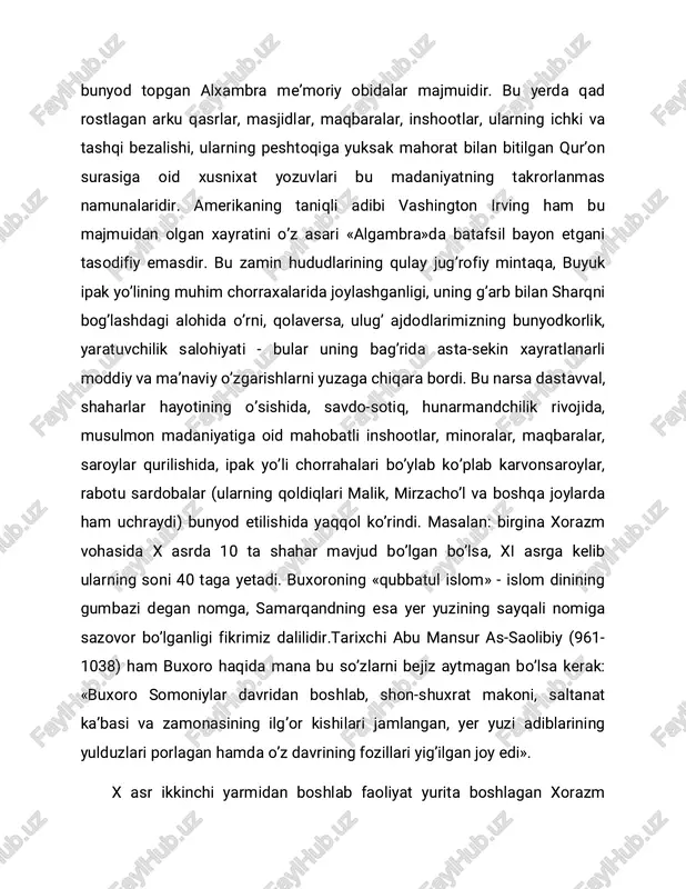 sh va h.k.), islomiy ahkomlar, jamiyatu odamlar hayotiga singdirib borilib, shu asosda ular avvalgi ko’pxudolik, g’ayridiniy sarqitlardan, xurofot tushunchalaridan xalos bo’lib bordilar. xalifa usmon payg’ambarimiz o’limidan keyin og’izma-og’iz ko’chib yurgan “qur’oni karim” matnlarini bir joyga to’plab, yagona mukammal matnni yaratib, islom madaniyati tarixida nom qoldirgan. u kotib muxammad zayd ibn sobit ko’magida va payg’ambarimizning tirik sahobalari guvohligida “qur’oni karim”ning yagona nusxasini tuzib chiqadi. so’ng yagona nusxadan besh nusxa ko’chirib makka, madina, damashq, kufa va basra shaharlarida saqlashga buyuradi. xalifa usmon qur’oni amir temur shom (suriya) yurishidan o’lja sifatida o’z poytaxtiga olib kelgantemuriylar tarixi davlat muzeyida saqlanayotgan mavjud “qur’oni karim” dastlabki tayyorlangan islomiy manbadir. ayni chog’da islom madaniyatining gultojisi hisoblangan hadisshunoslik ilmi rivoj topib bordiki, bunda xam peshqadamlikni o’rta osiyolik buyuk muhaddis olimlar egalladilar. islom olamida qur’oni karimdan keyin mo’’tabar manba, bu hadisi sharifdir. sharif degan so’z arabcha bo’lib, sharafli, aziz, qadrli degan ma’nolarni anglatadi. sharif unvoniga sazovor bo’lgan shaharlar,bular: shom, …