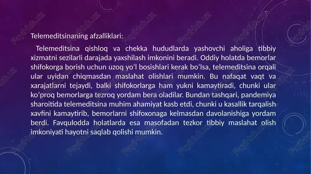 izim qismi vazifasi markaziy ma’lumotlar bazasi bemorlarning tibbiy tarixini saqlaydi, shifokorlar uchun yagona kirish nuqtasi yaratadi. telemeditsina markazlari masofadan turib tibbiy maslahat va diagnostika xizmatlarini ko‘rsatadi. mobil sog‘liq ilovalari (mhealth) bemorlarning yurak urishi, qon bosimi, qadam soni va boshqa ko‘rsatkichlarini kuzatadi. laboratoriya axborot tizimlari (lis) tahlil natijalarini raqamli shaklda uzatadi. dorixona tarmoqlari elektron retseptlarni qabul qiladi va dorilar tarqatilishini nazorat qiladi. boshqaruv platformalari statistik tahlil, moliyaviy hisobot va sog‘liq siyosatini ishlab chiqishda foydalaniladi. tarmoqli sog’liqni saqlashning tuzilmasi tarmoqli sog‘liqni saqlashning iqtisodiy ahamiyati bu tizim faqat tibbiyot uchun emas, balki iqtisodiyot uchun ham foydali: qog‘oz hujjatlar, tashish va saqlash xarajatlarini kamaytiradi. resurslarni tejaydi (shifokorlar va asbob-uskunalar samarali taqsimlanadi). davlat sog‘liqni saqlash tizimi uchun tahliliy ma’lumotlarni taqdim etadi. xizmat sifati ortgani sababli aholining ishonchi kuchayadi. jahon sog‘liqni saqlash tashkiloti (who) ma’lumotlariga ko‘ra, raqamli sog‘liq tizimlarini joriy etish orqali davlatlar tibbiy xarajatlarini 10–20% gacha kamaytirishi mumkin. sog‘liqni saqlashdagi tarmoqli texnologiyalar va ularning ahamiyati …