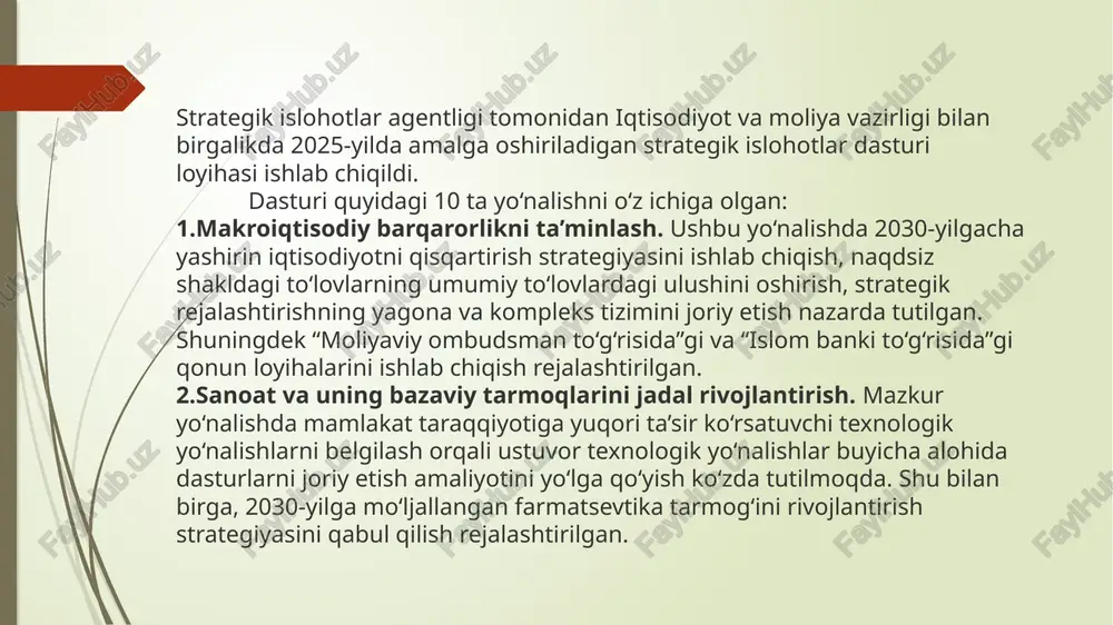 ni qisqartirish asosiy strategik vazifadir. ta’lim va sog‘liqni saqlash tizimini modernizatsiya qilish. innovatsion ta’lim dasturlarini joriy etish, kadrlar salohiyatini oshirish, zamonaviy tibbiy xizmatlarni rivojlantirish orqali inson resurslarini kuchaytirish maqsad qilinadi. ijtimoiy himoya tizimini mustahkamlash. aholining ijtimoiy zaif qatlamlarini qo‘llab-quvvatlash, nogironlar, ayollar va yoshlar uchun imkoniyatlar yaratish strategik vazifalardandir. madaniy va ma’naviy rivojlanishni ta’minlash. milliy qadriyatlarni asrash, fuqarolik faolligini oshirish, sog‘lom turmush tarzini targ‘ib qilish ham ijtimoiy barqarorlikning asosi hisoblanadi. innovatsion rivojlanish bugungi global raqobat muhitida har bir davlat va tashkilotning ustunlik omilidir. shu bois, strategik rivojlanish dasturlarida innovatsion maqsadlar alohida o‘rin egallaydi. ularning asosiy yo‘nalishlari quyidagilardir: yangi texnologiyalarni joriy etish va ilm-fan integratsiyasini kuchaytirish. ilmiy-tadqiqot institutlari, oliy ta’lim muassasalari va ishlab chiqarish o‘rtasidagi hamkorlikni mustahkamlash orqali innovatsion ekotizim yaratiladi. raqamli iqtisodiyotga o‘tish. axborot texnologiyalari, elektron hukumat, elektron savdo va raqamli xizmatlarni rivojlantirish bugungi kunning asosiy strategik yo‘nalishidir. startaplar va innovatsion tadbirkorlikni qo‘llab-quvvatlash. yosh olimlar va ixtirochilar uchun grantlar, soliq imtiyozlari …