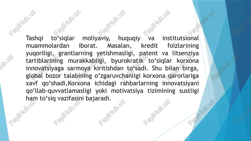 -quvvatlash korxonalarni riskli innovatsion loyihalarga sarmoya kiritishga undaydi. venchur fondlar, texnoparklar va biznes-inkubatorlar startaplarni moliyaviy va texnik jihatdan qo‘llab-quvvatlaydi. masalan, germaniyada “high-tech gründerfonds” orqali startaplar dastlabki sarmoyani olishadi, bu esa yangi texnologiyalarni ishlab chiqish va bozorga tez chiqarishga imkon yaratadi. shu bilan birga, davlat kredit kafolatlari va subsidiyalar kichik va o‘rta korxonalarning innovatsion faoliyatini rag‘batlantiradi. intellektual mulk tizimi korxonalar va tadqiqotchilarni yangi g‘oyalarni yaratishga undaydi. kuchli patent va mualliflik huquqlari orqali korxonalar innovatsiyalarini tijoratlashtirishga ishonch hosil qiladi. shu bilan birga, patentlarni tezkor rasmiylashtirish, litsenziya mexanizmlari va ip himoyasini nazorat qilish innovatsion loyihalarning bozorga chiqish sur’atini oshiradi. masalan, janubiy koreya va shvetsiyada ip tizimi startaplar va korxonalarni yuqori texnologiyali loyihalarni yaratishga jalb qiladi. davlat grantlari va strategik dasturlar orqali korxona va ilmiy muassasalarni ilg‘or texnologiyalarni yaratishga jalb qilish mumkin. masalan, sun’iy intellekt, biofarmatsevtika, energetika va nanomateriallar sohalariga ajratilgan davlat grantlari tadqiqot va ishlab chiqarishni tezlashtiradi. davlat siyosati va innovatsiyani qo‘llab-quvvatlash mexanizmlari …