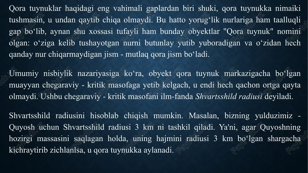 osqichlarda paydo bo‘lganligi va ular koinotda har tomondan mavjudligi haqidagi g‘oyani mashhur fizik olimlardan biri - stiven xoking o‘rtaga tashlagan edi. xokingning fikricha, koinotda kuzatilayotgan gamma nurlar chaqnashlarini, aynan shunday mini qora tuynuklarning portlashi natijasi deb izohlash mumkin ekan. xoking nazariyalari aslida ham g‘ayritabiiy, g‘alati shamoili bilan doim ajralib turgan. shundoq ham g‘alati obyekt bo‘lgan qora tuynuklarning yana bir yanada g‘alati va hozircha xayoliy-gipotetik turkumi haqida elementar zarralar fizikasiga oid ayrim nazariyalar bashorat beradi image2.jpeg /docprops/thumbnail.jpeg