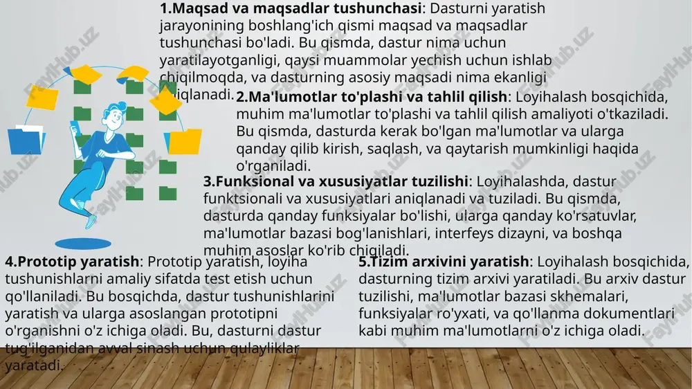 h uchun mo'ljallangan jarayonlardan biridir. bu bosqichda dastur modullari, interfeyslar va boshqa funksiyalar o'zaro sinovdan o'tkaziladi. quyidagi jarayonlar test qilish bosqichida o'z ichiga oladi test qilish testlar tayyorlash: test etish bosqichida birinchi navbatda, dastur uchun muvaffaqiyatli sinov va test skenariylarini tayyorlash lozim. bu testlar dasturning barcha funksiyalarini, xususiyatlarini va qo'llanilishini qamrab oladi. avto-testlar yaratish: avtomatik testlar yaratilishi - bu test jarayonida, dasturning avtomatlashtirilgan testlari (automated tests) yaratiladi va qo'llaniladi. bu testlar dastur ishini sinovdan o'tkazishda, muammolarni aniqlashda va yangilanishlarga javob berishda foydalaniladi. qo'llanma sinovlari: dastur qo'llanmasi sinovlari, iste'molchilar tomonidan qo'llanma yoki dasturni sinovdan o'tkazish jarayonlarini ko'rsatadi. bu sinovlar dasturni o'rganish, dastur uchun qo'llanuvchi qulayliklarni aniqlash va muammolar bilan bog'liq masalalarni bartaraf qilishda yordam beradi. funksional sinovlar: dasturning funksionalini tekshirish uchun funksional sinovlar o'tkaziladi. bu sinovlar dastur tuzilishi va amalga oshirishini to'liq tekshirishga yordam beradi. xavfsizlik sinovlari: dasturning xavfsizligini tekshirish uchun xavfsizlik sinovlari o'tkaziladi. bu sinovlar xavfsizlik protokollarini, autentifikatsiya va rug'batlarni, …