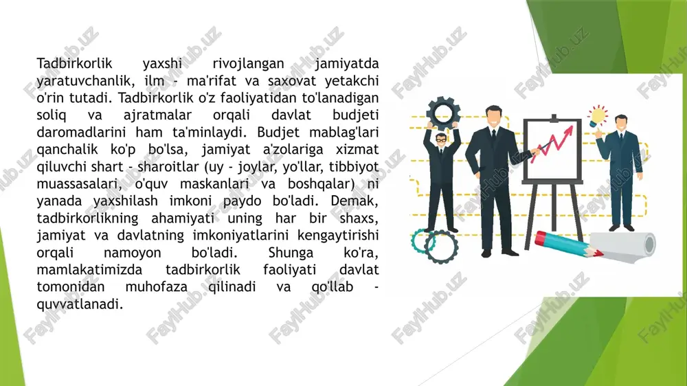 lar uchun 3 yilgacha imtiyozli foiz stavkalarida kreditlar ajratiladi, ularning biznes loyihalari tahlil qilinib, mutaxassislar tomonidan qo‘llab-quvvatlanadi. ikkinchidan, tadbirkorlik infratuzilmasini rivojlantiruvchi institutlar faoliyat yuritmoqda. bular — biznes-inkubatorlar, texnoparklar, innovatsion markazlar, klaster tizimlaridir. biznes-inkubatorlar yangi tashkil etilgan korxonalarga zarur ofis joyi, uskunalar, huquqiy va marketing bo‘yicha maslahatlar beradi. texnoparklar esa ilmiy-tadqiqot ishlanmalarini ishlab chiqarishga joriy etish, innovatsion mahsulot yaratish uchun sharoit yaratadi. masalan, toshkent shahridagi “yashnobod” texnoparki, jizzax, andijon, farg‘ona, samarqand kabi viloyatlarda tashkil etilgan texnoparklar sanoatning turli sohalarida faoliyat yuritayotgan tadbirkorlarga keng imkoniyatlar bermoqda. uchinchidan, tadbirkorlikni axborot va maslahat bilan qo‘llab-quvvatlash tizimi ham muhim ahamiyatga ega. bu yo‘nalishda savdo-sanoat palatasi, “biznesni rivojlantirish agentligi”, “milliy marketing markazi” kabi tashkilotlar tadbirkorlarni kerakli ma’lumot, marketing tahlili, tashqi bozorlarga chiqish bo‘yicha maslahat bilan ta’minlaydi. shu bilan birga, “my.business.gov.uz” portali orqali tadbirkorlar onlayn ro‘yxatdan o‘tish, kredit olish, soliq va litsenziya masalalarini elektron tarzda hal etish imkoniyatiga ega bo‘ldilar. to‘rtinchidan, xalqaro va milliy dasturlar tadbirkorlikni yanada …