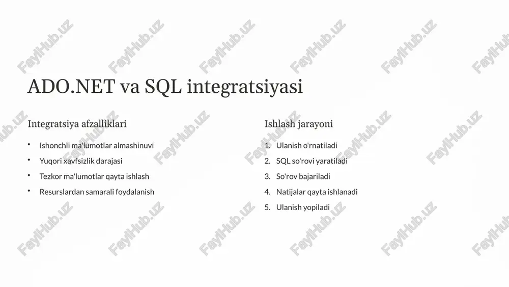 oblanadi. dapper yuqori tezligi bilan ajralib turadi. 19 xulosa ado.net asoslari connection, command, datareader va dataadapter kabi asosiy komponentlarni o'rgandik. ular ma'lumotlar bazasi bilan ishlashning poydevori hisoblanadi. sql so'rovlar select, insert, update, delete so'rovlarini ko'rib chiqdik. bu so'rovlar orqali ma'lumotlarni samarali boshqarish mumkin. xavfsizlik va unumdorlik sql in'ektsiyadan himoya qilish va dastur unumdorligini oshirish usullarini o'rgandik. bu bilimlar yuqori sifatli dasturlar yaratish uchun muhim. 20 image1.png image2.png image3.png image11.png image12.png image13.png image4.png image5.png image6.png image7.png image8.png image9.png image10.png image14.png image15.png image16.png image17.png image18.png image19.png image20.png image21.png image22.png image23.png image24.png image25.png image26.png image27.png image28.png image29.png image37.png image30.png image31.png image32.png image33.png image34.png image35.png image36.png image38.png image39.png image40.png image41.png image42.png image43.png image44.png image45.png image46.png image47.png image48.png image49.png image50.png image51.png image52.png image53.png image61.png image54.png image55.png image56.png image57.png image58.png image59.png image60.png image62.png image63.png image64.png image65.png image66.png image67.png image68.png image69.png image70.png image71.png image72.png image73.png