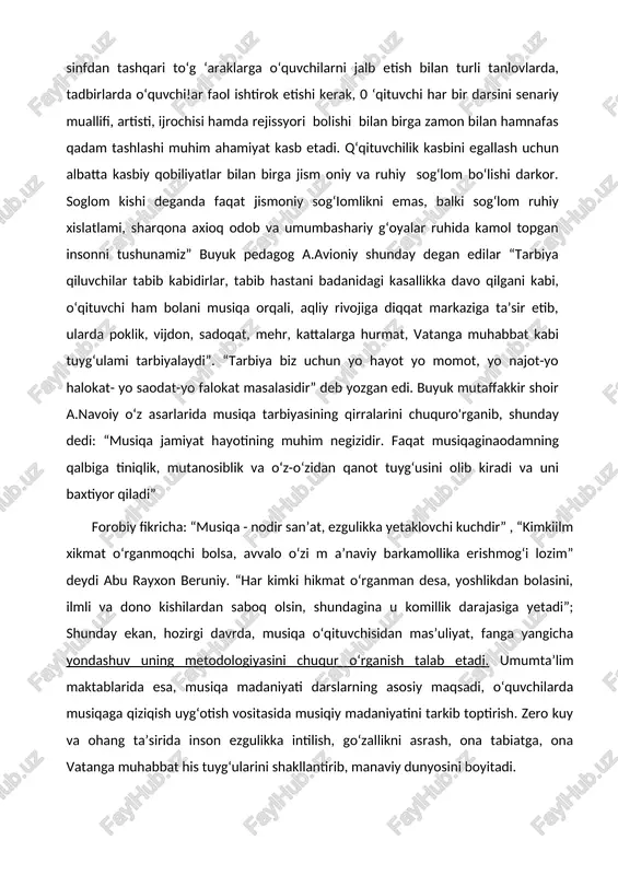 holda, kompozitor ularga tayanib ijod qiladi. i.s. bax nemis organ musiqasi, uyg'onish davrining xor polifonik san’ati, italyan va nemis skripka maktablarining yorqin va mahoratli bilimdoni boigan. 0 ‘z vaqiida i.s. baxning notalarni xattotlik yozish san’ati hammani lol qoldirib kelgani bois, u zamondoshlarining asarlarini notaga ko'chirib, bu y o i orqali fransuz klavesinistlari (awalo küpperen), italyan skripka ustalari va sozandalari (korelli, vivaldi), bir qator italyan opera vakillarining taniqli asarlari bilan bevosita tanishish va ularni o‘rganishga muvaffaq bomgan. 51 www.ziyouz.com kutubxonasi yangiliklarga va tabiatdan tinmay izlanishlarga shay boigan ijodkor bu borada erishgan tajribalarini umumlashtirib takomillashtirdi, jahon musiqa san’atida erishilgan yutuqlarni jamlab, musiqa san’ati rivojida yangi istiqbolli yoilam i belgilashda o‘z ulushini qo‘shdi. bu borada i.s. báxning so‘nggi avlod ijodkorlari (betxoven, brams, vagner, glinka, taneyev, shostakovich, onegger va b.)ga o'tkazgan ta’siri va ahamiyatini inkor qilib boimaydi. kompozitoming ijodiy bisoti nihoyatda ulkan boiib, looodan ortiq turli janrlarga mansub asarlami tashkil qiladi. ular ayrimlarining shaklu …