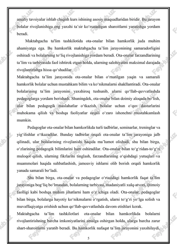 . kurs ishining obyekti: umumta’lim muassasalarida ta’lim-tarbiya jarayonini tashkil etish va ota-onalar bilan hamkorlik tizimi. kurs ishining predmeti: ta’lim sifatini oshirishda ota-onalar bilan hamkorlikni boshqarishning tashkiliy-pedagogik mexanizmlari. kurs ishining tuzilishi: kirish, 2 bob, 4 paragraf, xulosa va foydalanilgan adabiyotlar iborat. i bob. ota-onalar bilan samarali aloqa o‘rnatish 1.1. ota-onalar bilan uchrashuvlar tashkil etish ota-onalar bilan uchrashuvlar tashkil etish, maktabgacha ta'lim tashkilotining ta'lim jarayonida muhim o'rin tutadi. ushbu uchrashuvlar ota-onalar va pedagoglar o'rtasida o'zaro ishonchli muloqot va hamkorlikni rivojlantirishga yordam beradi. bunday uchrashuvlarning asosiy maqsadi farzandlarning ta'limi va tarbiyasini yaxshilash, ularning ijtimoiy va shaxsiy rivojlanishiga hissa qo'shishdir. pedagoglar va ota-onalar o'rtasidagi ochiq muloqot, bolalarining o'qishdagi yutuqlari va muammolarini tahlil qilish imkoniyatini yaratadi, bu esa pedagogik jarayonning samaradorligini oshiradi.ota-onalar bilan uchrashuvlar tashkil etish, o'qituvchilar uchun muhim vazifalarni bajaradi, ular ota-onalarning fikrlarini tinglash, ularning farzandlariga nisbatan kutgan va talab qilingan natijalarni aniq tushunib olishlari uchun zarur. shuningdek, ota-onalar o'zlarining pedagogik bilimlarini oshirishi, farzandlarini …