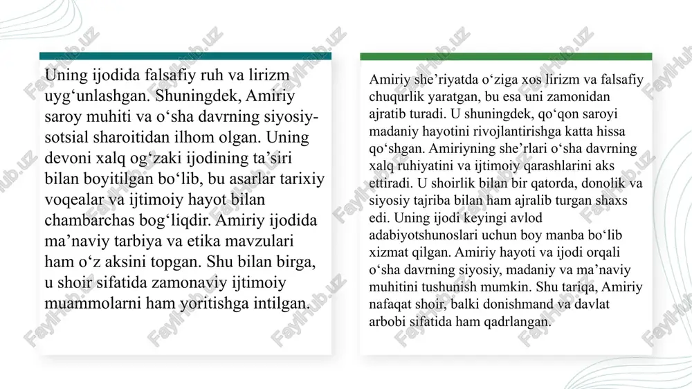 dan ham juda kuchli emosional ta’sir beradi. yana bir o‘ziga xos misol: “nega arbobi xirad ahli junundan ori bor? kim bular uryon alarning jubbayi dastori bor.” bu bayt o‘ziga xos istioraviy uslubda yozilgan bo‘lib, unda ahli jununning ma’naviy poklanish yo‘li orqali ilohiy haqiqatga yaqin turishi badiiy-majoziy tarzda yoritilgan. umarxonning tilida: tashbeh, istiora, tazod jinoyat, iqtibos tajnis, talmeh kabi san’atlar juda faol qo‘llanadi. real dasturiy ta’minot va apparat misollari raqamli signalni qayta ishlash uchun matlab, python, labview kabi dasturiy vositalar ishlatiladi. bu dasturlar analog signalni namunalash, tiklash va xatolarni tahlil qilish imkonini beradi. dsp (digital signal processing) qurilmalari signalni real vaqtda qayta ishlashga mo‘ljallangan. masalan, mikroprotsessorlar va fpga modullari raqamli filtrlash va tiklash jarayonlarini bajaradi. ushbu apparat va dasturiy ta’minot kombinatsiyasi signal sifatini nazorat qilish imkonini beradi. amaliyotda ular audio, video va telekommunikatsiya tizimlarida keng qo‘llaniladi. ma’no va obraz yaratish usullari amiriyning debojalaridagi asosiy obrazlar ishq, yor, go‘zallik, ilohiy nurlar, ma’rifat …
