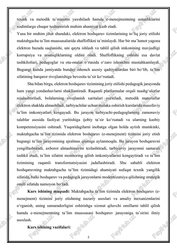 ishining predmeti: maktabgacha ta’lim tizimida elektron boshqaruv (e-menejment) tizimini joriy etish jarayonining shakl va mexanizmlari, texnologik imkoniyatlari hamda ularning boshqaruv samaradorligiga ta’siri. kurs ishining tuzilishi: kirish, 2 bob, 4 paragraf, xulosa va foydalanilgan adabiyotlar iborat. i bob. makatbgacha taʼlim tizimida elektron boshqaruvning nazariy-asosiy jihatlari 1.1. maktabgacha taʼlim tizimida boshqaruvning zamonaviy talablari va uning rivojlanish omillari maktabgacha ta’lim tizimi uzluksiz ta’limning boshlang‘ich bo‘g‘ini hisoblanib, bolalarning ilk intellektual, ijtimoiy, psixologik va jismoniy rivojlanishiga zamin yaratadi. mazkur tizimda boshqaruv jarayonining samaradorligi ta’lim sifatiga bevosita ta’sir ko‘rsatadi. bugungi kunda jamiyatning raqamli transformatsiyasi, axborot texnologiyalarining jadal rivojlanishi va ta’lim sohasiga qo‘yilayotgan yangi talablar maktabgacha ta’lim tizimida boshqaruvning zamonaviy yondashuvlarini shakllantirishni talab etmoqda. shu bois boshqaruv jarayoni nafaqat tashkiliy faoliyatni, balki metodik, pedagogik, tarbiyaviy va kommunikativ jarayonlarning uzviy uyg‘unligini ta’minlashi lozim[footnoteref:2]. [2: abdullayev, anvar. maktabgacha ta’limni boshqarishning zamonaviy yondashuvlari. toshkent, 2020.] zamonaviy boshqaruvning asosiy talabi – ta’lim muassasasi faoliyatini samarali rejalashtirish, monitoring qilish hamda natijadorlikka yo‘naltirilgan …