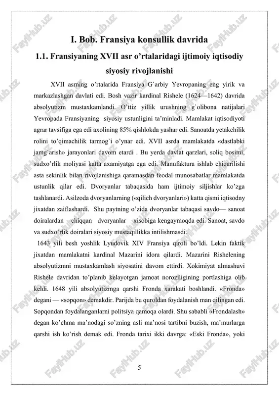 suz madaniyatining o’sish davri edi. fanlar akademiyasi (1666), me’morchilik, rassomchilik akademiyalari, observatoriya tuzilgan edi. 1694 yili «fransuz tiliniig lug`ati» nashr etildi.[footnoteref:2] [2: yurovoskoy y.y. krivoguza i m.novaya istoriya stran yevropi i ameriki. m: visshaya shkola. 1998. 128-str. ] badiy madaniyatda klassitsizm yo’nalishi xukmronlik qilar edi. adabiyotda p.kornel, j.rasin, j.b.moler, me’morchilikda f.mansar ijodlarini ta’kidlash mumkin. xvii asrning oxiri — xvsh asrning boshlarida fransiyani ichki va xalqaro axvoli yomonlashdi. xviii asrda fransiyada kapitalistik munosabatlarning rivojlanishi tezlashdi.bu jarayon bilan bog`liq o’zgarishlar jamoat ongida, jamiyatning ijtimoiy tarkibida bo’lib o’tardi. bunday xolatda sodir bo’layotgan jarayonlar xukumronlik qilayotgan feodal absolyutistik tuzum bilan ziddiyatga kelar edi. bu ziddiyatning chukurlashuvi va keskinlashuvi 1789 yilda boshlangan buyuk fransuz inqilobiga olib keldi. xviii asrning o’rtalariga kelib fransuz ma’rifatchilari feodal absolyut tuzumning ijtimoiy—siyosiy va mafkuraviy ustunlarini ayovsiz tanqidga olib, «idrokda inqilob» yasashdi. ma’rifatchilar o’yg`onish davri gumanistlarining g`oyalarini davom ettirib, jamiyatning asosiy maqsadi-inson baxti deb xisoblarshadi. ma’rifatchilarning daxolari mari fransua volter (1694-1778), …