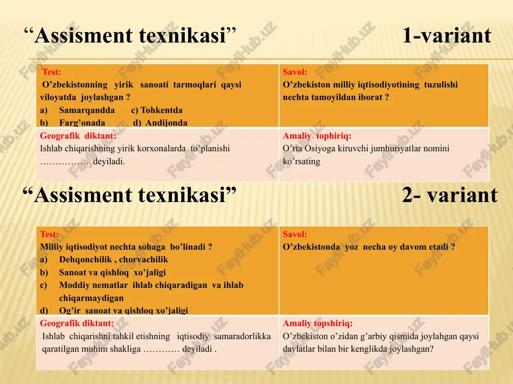 gi ko`mir zahirasi 2 mlrd tonnani tahkil etadi. dastlabki ko`mir angren konidan 1950-yillarda qazib olingan. ko`mir koni yer sirtiga yaqin joylashgan. unda ko`mirning 9/10 qismini ochiq usulda qazib olinmoqda. ochiq usulda har bir shaxtyorning qazib oladigan ko`miri shaxta usulida qazib olinadigandan 6 barobar unumli bo`ladi. shu bilan birga, karyer(havza) qancha katta bo`lsa, xarajat shuncha kam bo`ladi. angren ko`miri sifati past-qo`ng`irk o`mirdir. shunday bo`lsa-da, o`zbekistondagi boshqa ko`mir konlaridagiga karaganda ko`mir zahirasi katta hamda iste`molchiga yaqin va yuza joylashganligidan ko`mir qazib chiqarish oshdi. ko`mirning asosiy qismi kon yaqinidagi iesda ishlatiladi. bir qismi esa yer ostida gazga aylantiriladi. surxandaryo viloyatining sariosiyo tumanida 1950-yili shar`gun ko`mir koni ishga tushdi. kondagi ko`mir yuqori sifatli toshko`mir bo`lib, shaxta usulida qazib olinadi. ko`mirning maydasi qazib olingan joyda briket qilinadi. briket – ko`mir kukunini bosim ostida yoki yopishqoq moddaga aralashtirib zoldir shakliga keltirilgan mahsulot. (videorolik) mustaqil ish: 1-variant 2-variant gaz neft iv. mustahkamlash: baliq skletida gazning foydali va …