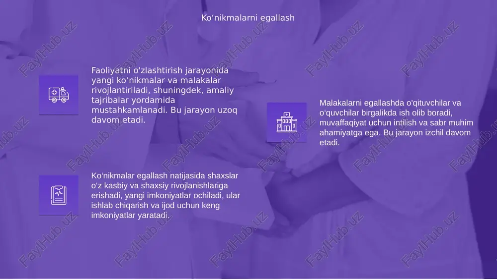 larning nazariy va amaliy ko'nikmalarini rivojlantiradi. 02 natijalar orqali talabalarning bilim darajasi oshadi va ularning amaliy faoliyatdagi tayyorgarligi kuchayadi. bu esa kelajak uchun muhim poydevordir. 03 reja esa rivojlanishni davom ettirishga qaratilgan. talabalar uchun yangi imkoniyatlar yaratish va ilg'or usullar bilan ta'lim sifatini oshirish muhim. natija va kelajak uchun reja e’tiboringiz uchun rahmat slide 1 slide 2 faoliyatni tushunish ma'lumotlarni o‘zlashtirish slide 5 praktikalar bilan tanishish amaliy mashg‘ulotlar fenomenlarni o‘rganish yakuniy baholash shaxsiy rivojlanish natijalarga erishish moslashuvchanlik va adaptatsiya o‘z-o‘zini baholash o‘z fikrini ifoda qilish jamoaviy ishlarni bajarish ko‘nikmalarni takomillashtirish natija va kelajak uchun reja e’tiboringiz uchun rahmat
