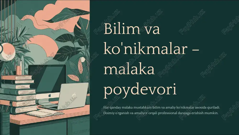 y o'sishni ta'minlaydi. doimiy o'rganish bilim olish va yangi ko'nikmalarni o'zlashtirish intizom tartib-intizom va muntazamlik maqsadga intilish aniq maqsadlar va ularga erishish vaqtni qadrlash vaqtni samarali boshqarish sog'lom turmush jismoniy va ruhiy salomatlik xulosa: harakatda davom eting! 21 kun yangi odatni shakllantirish uchun o'rtacha zarur vaqt 66 kun odatni avtomatik holga keltirish davri 100% natija doimiy harakat bilan erishiladi bugun boshlang ertangi muvaffaqiyatlaringiz uchun poydevor yarating. kechiktirib qo'ymang 3 har bir kun qimmatli imkoniyatdir. kichik qadamlar sizning har bir kichik odatingiz katta natijalarga olib keladi. bosqichma-bosqich oldinga harakatlaning. doimiy jarayon malaka va odatlarni rivojlantirish 3 hayot davomidagi sayohat. to'xtamang, rivojlanishda davom eting! muvaffaqiyat 3 bu tasodif emas, balki doimiy harakat va to'g'ri odatlar natijasidir esda tuting: har bir katta muvaffaqiyat kichik, ammo muntazam qadamlardan boshlanadi. o'zingiz va o'z kelajagingizga sarmoya kiriting. malakangizni oshiring, ijobiy odatlar shakllantiring va hayotingizni o'zgartirishni bugun boshlang!
