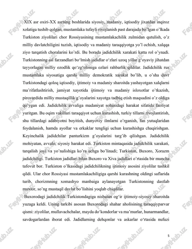 nalari egalari hamda yirik boylarning vakillarini oʻziga birlashtirgan edi. bu oqimga xiva xoni asfandiyorxonning bosh vaziri islomxoʻja boshchilik qilgan. jadidchilikning oʻng oqimi oʻz oldiga mamlakatda xon hokimiyatini saqlab qolgan holda ijtimoiy-iqtisodiy islohotlar oʻtkazish orqali erkin bozor munosabatlarining rivojlanishiga keng yoʻl ochib berishni maqsad qilib qoʻygan edi. xivada jadidchilikning soʻl oqimi esa mayda sarmoyadorlar, hunarmandlar va xalqning turli tabaqa vakillarini birlashtirgan boʻlib, qozikalon bobooxun salimov uning rahbari edi. ular xiva xonligida yangi usul maktablari tashkil qilish orqali xalq ommasining siyosiy faolligini oʻstirish maqsadini qoʻyishgan edi. 1904-yil „jamiyati xayriya tuzilib, uning koʻmagi bilan xiva shahrida dastlabki yangi usul maktabi ochildi (1904-yil 10-noyabrda). xiva jadidlari maʼrifiy ishlar bilan kifoyalanib qolmasdan, xon tuzumiga qarshi kurash ham olib bordilar. birinchi jahon urushigacha xiva jadidlarining yagona markazi va dasturiy hujjatlari boʻlmagan. biroq jadidchilik harakati xiva xonligida katta ijtimoiy-siyosiy kuchga aylanib, 1914-yil avgustda u partiya shaklini olgan. turkistonda jadidchilik g’oyalari xix asrning 90-yillaridan yoyila boshladi. bu xarakat …