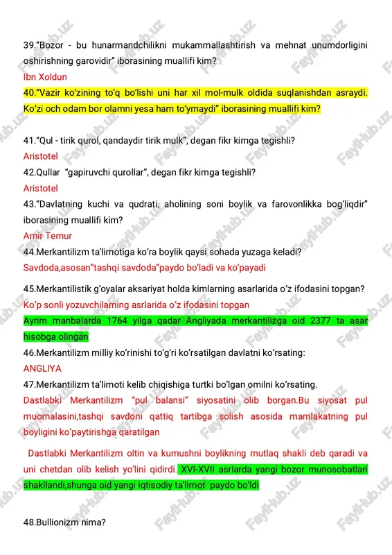 butunlay muomala sohasidagi xo’jalik hayotining amaliyotiga qaratilgan bo’lsada , bu ular ko’plab iqtisodiy kategoriyalarni ilmiy muomalaga kiritish,savdo sohasi, sud operatsiyalari va pul muomalasining muhim qonuniyatlarini aniqlab berish imkonini beradi 50.merkantilistlar qanday iqtisodiy g‘oyani ilgari surganlar? merkantilizm, dastlab, qonuniy yoʻl bilan pulni koʻpaytirishga qaratilgan siyosatni targʻib qilgan. xorijdan kelgan savdogarlarning pulni oʻz mamlakatiga olib ketishini taqiqlagan, savdodan tushgan pulga mahalliy sanoat mahsulotlarini xarid qilish zarur boʻlgan boylik pul miqdori bilan belgilanadi 51.merkantilizmga ko‘ra davlat farovonligining manbai nimada? merkantilizm davlatning iqtisodiyotga faol aralashishini talab etadi. merkantilizm taʼlimotiga koʻra, boylik ishlab chiqarishda emas, balki muomala sohasida yuzaga keladi va u aynan mamlakatdagi oltin, kumush va boshqa javohirlarda oʻz aksini topadi davlat farovonligining manbai tashqi savdo yoki qimmatbaho metallarga egalik qilish 52.merkantilizmning tadqiqot predmetini ko‘rsating. muomila sohasidagi iqtisodiy munosabatlar empirik usuli 53.ilk merkantilizmda monetarizm (pul balansi) siyosatining mazmunini tushuntiring. 1)oltin, kumush tangalarni mamlakatga olib kelish 2) oltin kumush tangalarni mamlakatdan chiqib ketishni taqiqlash 54.faol …