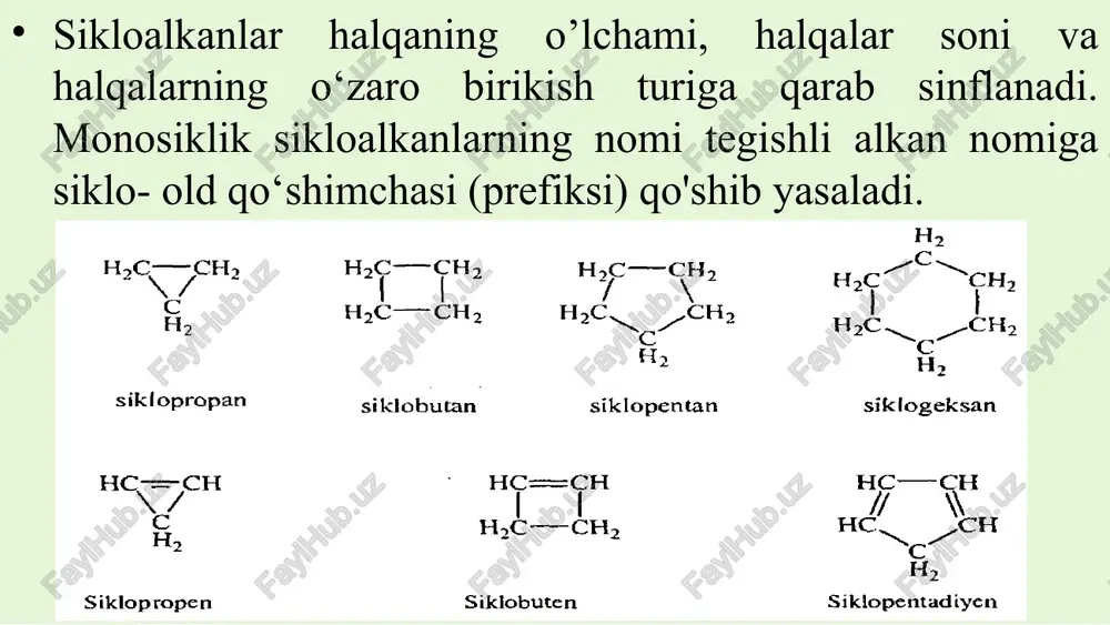 . uchala uglerod atomiga o‘rinbosarlar biriktirilsa siklopropenlarning barqarorligi ortadi. siklobutannng kimyoviy xossalari siklobutan va uning almashingan hosilalari ko‘p jihatdan alkanlarga o‘xshaydi. ular asosan almashinish reaksiyalariga kirishadi. siklobutan halqasining ochilishi bilan boradigan reaksiyalar, masalan, katalitik gidridlash reaksiyalari ham ma’lum. siklopentanning kimyoviy xossalari siklopentan alkanlarga xos, siklopenten alkenlarga xos barcha reaksiyalarga kirishadi. siklopentadiyen faol diyen-1,3 hisoblanadi, diyen sintezi reaksiyalariga, jumladan dimerlanish reaksiyasiga oson kirishadi. disiklopentadiyen odatdagi sotuvga chiqariladigan shakli bo‘lib, undan siklopentadiyen 200—250° s gacha qizdirib olinadi. disiklo­pentadiyen to‘yinmagan trisiklik ko‘prikchali birikma hisoblanadi, ikki xil fazoviy izomer shaklida, ya’ni ekzo- va endo- shakllarida mavjud bo‘ladi. siklopentadiyen ch-kislota xossasiga ega (pka~15). konsentrlangan ishqor eritmalari va alkoksidlar ta’sir ettlrilsa tuzlar - siklopentadiyenidlar hosil qiladi. siklogeksannng kimyoviy xossalari siklogeksan kimyoviy xossalari jihatdan alkanlarga o'xshaydi. siklogeksan galogenlanadi, nitrolanadi, oksidlanadi. katalitik degidridlash natijasida benzol hosil bo‘ladi. siklogeksan siklning kichrayishi bilan boradigan qayta gruppalanish reaksiyalariga ham kirishadi (n.zelinskiy). siklogeptannng kimyoviy xossalari siklogeptan va uning gomologlari kimyoviy jihatdan alkanlarga …