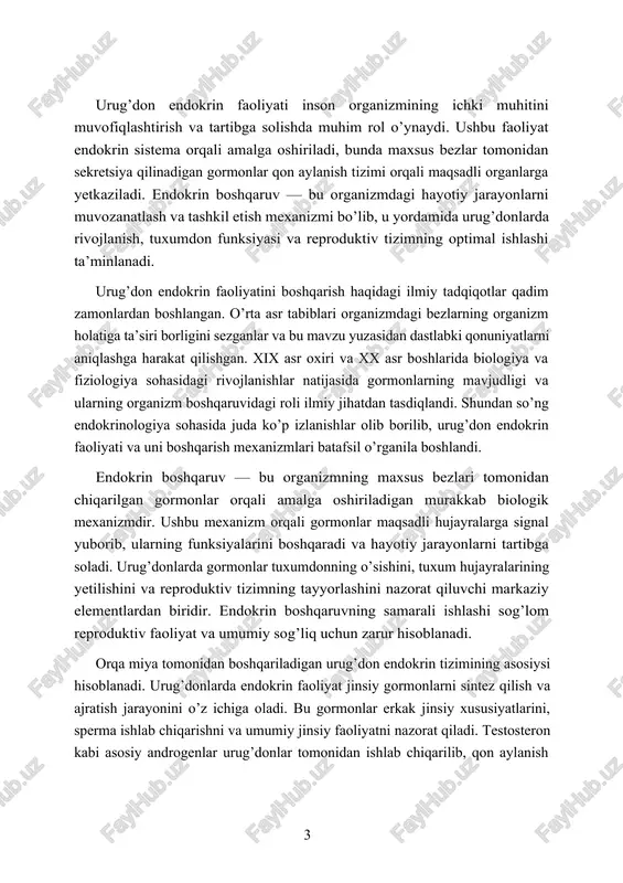 qon tomirlariga chiqarilishida muhim rol o’ynaydi. bu mexanizm neyroendokrin aloqaning mukammal namunasi bo’lib, organizmning ichki muhitini doimiy monitoring qiladi va zarur holatda o’zgarishlarni amalga oshiradi. · urug’don asosiy endokrin bez sifatida boshqa bezlar faoliyatini nazorat qiladi · ularning gormon ishlab chiqarishini boshqaradi. · ularning gormon ishlab chiqarishini boshqaradi. · gipotalamusdan keladigan releasing va inhibiting hormonlar yordamida urug’don gormonlar ishlab chiqarishni oshiradi yoki pasaytiradi. · anterior urug’don tomonidan ishlab chiqarilgan gormonlar (tsh, acth, lh, fsh, prolaktin) boshqa bezlarda maxsus fermentativ va metabolik jarayonlarni faollashtiradi. · orqa urug’don ta’siri bilan adh gormoni buyraklar suvni qayta so’rilishini tartibga soladi va tanada suv muvozanatini saqlaydi. · oksitosin gormoni tug’ish jarayonini qo’llab-quvvatlaydi va emizishni rag’batlantiradi. · urug’don va gipotalamus o’rtasidagi neyroendokrin aloqalar orqali organizmning ichki muhitini moslashtirish va stress javoblarini boshqarish amalga oshiriladi. · endokrin boshqaruv tizimining buzilishi turli kasalliklar — gipofiz bezining gipofunksiyasi yoki giperlashuvi, shuningdek, boshqa bezlarning disfunktsiyasiga olib keladi. urug’don endokrin faoliyati …