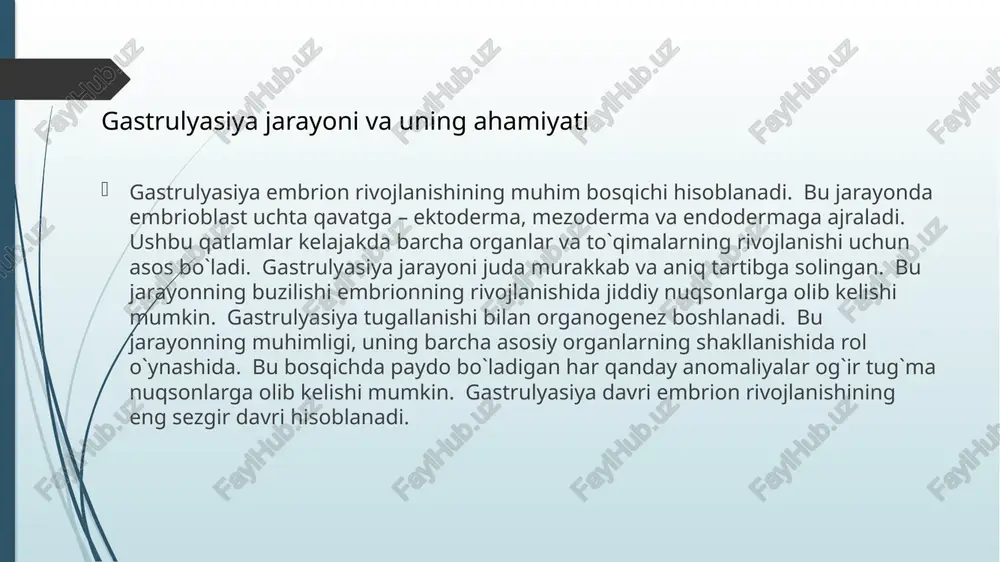 tlarning maqsadi buzilishlarning sabablarini aniqlash va ularning oldini olish usullarini ishlab chiqishdir. zamonaviy texnologiyalar bu sohada yangi imkoniyatlar yaratadi. gen terapiyasi buzilishlarni davolashda istiqbolli yo`nalish hisoblanadi. stam hujayralaridan foydalanish ham istiqbolli yo`nalishdir. bu sohadagi tadqiqotlar davom etmoqda. yangiliklar doimiy ravishda paydo bo`lmoqda. kelajakda bu sohada yangi yutuqlar kutmoqda. kelajakdagi tadqiqotlar 1. odam anatomiyasi va fiziologiyasi darsligi, toshkent, 2020 2. embriologiya asoslari, moskva, 2018 3. tug`ma nuqsonlar, london, 2022 4. genetika asoslari, nyu-york, 2021 5. tibbiy genetika, berlin, 2019 6. reproduktiv salomatlik, jeneva, 2023 adabiyotlar image1.jpg image2.jpg image3.jpg image4.jpg image5.jpg /docprops/thumbnail.jpeg