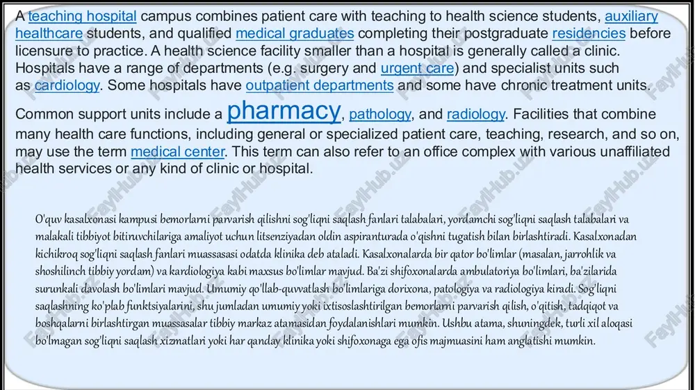 .wikipedia.org/wiki/for-profit_hospital https://en.wikipedia.org/wiki/for-profit_hospital https://en.wikipedia.org/wiki/health_insurance https://en.wikipedia.org/wiki/health_insurance https://en.wikipedia.org/wiki/religious_orders https://en.wikipedia.org/wiki/hospital#cite_note-3 https://en.wikipedia.org/wiki/allied_health_professions https://en.wikipedia.org/wiki/volunteering https://en.wikipedia.org/wiki/alexians https://en.wikipedia.org/wiki/bon_secours_sisters https://en.wikipedia.org/wiki/hospital#cite_note-4 https://en.wikipedia.org/wiki/royal_hospital_chelsea o‘zbekiston respublikasi prezidenti huzuridagi statistika agentligi respublikadagi tibbiyot sohasiga oid bir qancha ma’lumotlarni e’lon qildi. 2024-yil 1-yanvar holatiga ko‘ra, o‘zbekistonda faoliyat yuritayotgan shifoxonalari soni 1 432 tani tashkil etmoqda. bu natija 2019-yilga solishtirganda 227 taga ko‘paygan. the statistical agency under the president of the republic of uzbekistan has published a number of data on the field of medicine in the republic. as of 1 january 2024, the number of hospitals operating in uzbekistan is 1,432. this was an increase of 227 compared to 2019. https://t.me/uzstataxborot/64009 • yil boshiga ko‘ra, respublika bo‘yicha shifoxona muassasalarida jami o‘rinlar soni 174,5 mingtani tashkil etdi. bu bir vaqtning o‘zi shuncha fuqaroga xizmat ko‘rsatish imkoniyati borligini anglatadi. raqamlarni pandemiya davriga solishtirilganda 13.5 mingtaga oshganini ko‘rsatadi. • bugungi kunda toshkent shahri, barcha viloyatlar va qoraqalpog‘iston respublikasidagi tibbiyot muassasalarida faoliyat yuritayotgan mutaxassis shifokorlarning umumiy soni 105,7 …
