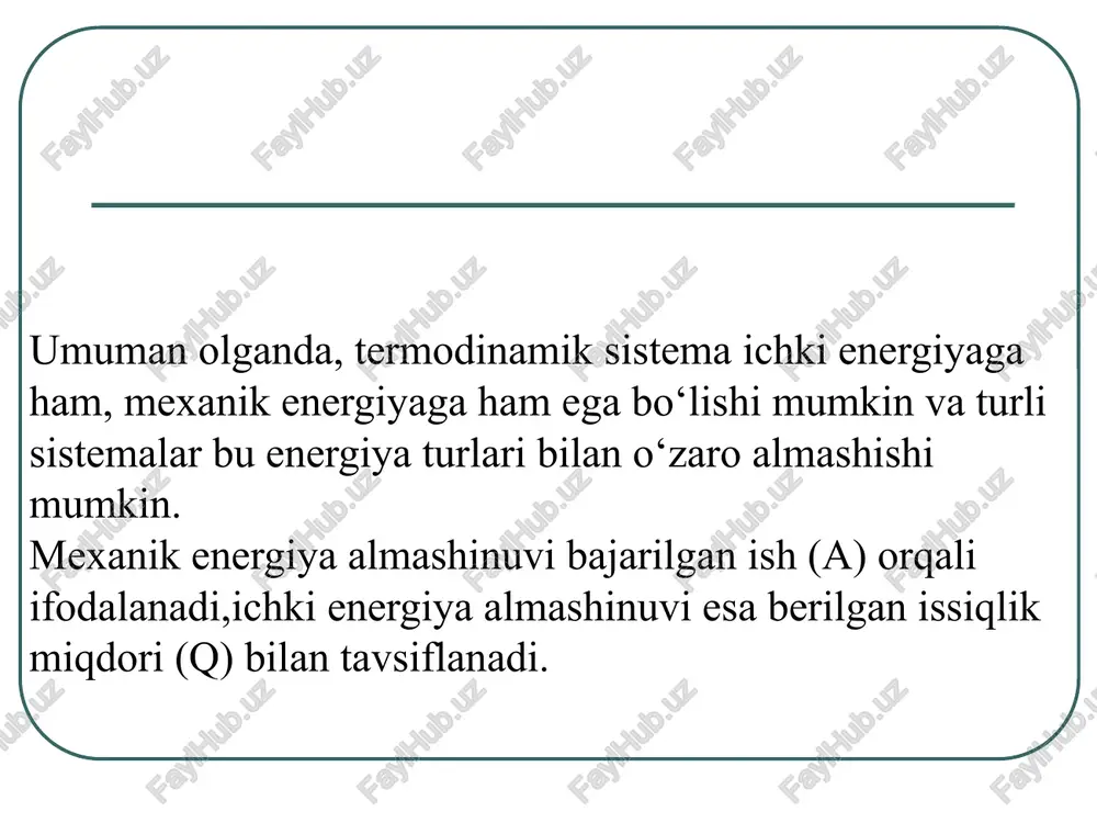 arayon 37 izobarik jarayon adiabatik jarayon 38 politrop jarayonni ko‘rib chiqamiz — bu shunday jarayonki, unda sistemaning barcha asosiy parametrlari (p, v, t) o‘zgaradi, biroq issiqlik sig‘imi (c) doimiy bo‘lib qoladi, ya’ni c = const. politropa tenglamasi quyidagicha ifodalanadi: politropik tenglama n - politropik ko'rsatkich. politrop jarayon — bu gazning bosimi (p), hajmi (v) va harorati (t) bir vaqtning o‘zida o‘zgaradigan, biroq issiqlik sig‘imi (c) doimiy bo‘lib qoladigan termodinamik jarayondir. 39 n ko'rsatkichidan foydalanib, har qanday izojarayonni osongina tasvirlash mumkin: 1. izobarik jarayon r = const, n = 0 2. izotermik jarayon t = const, n = 1, 40 izoxorik jarayon adiabatik jarayon q = 0, n = γ, sad = 0. 41 ushbu jarayonlarning barchasida ishni bitta formula yordamida hisoblash mumkin: 42 sistemaning hajmi nihoyatda kichik miqdorga (dv) o‘zgarganda, u tomonidan bajarilgan ish quyidagiga teng bo‘ladi: a = fdx = (f/s)dxs = pdv 43 turli jarayonlarda bajarilgan ishni ko‘rib …