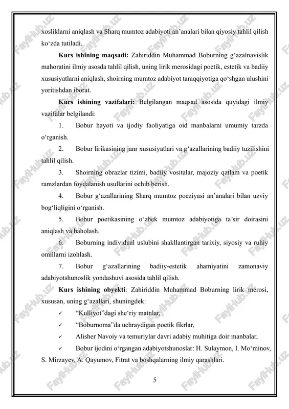 y turini tashkil etadi. g‘azalning yuksalishi, uslubiy va poetik jihatdan takomillashuvi asrlar davomida turli adabiy maktablar, ijodkorlar, tarixiy-madaniy omillar ta’siri ostida davom etib kelgan. bu jarayonda arab va fors adabiy maktablarining kuchli ta’siri bo‘lgani kabi, turkiy adabiyot ham o‘z rivoj yo‘lini topgan. aynan turkiy adabiyotda, xususan, temuriylar davri lirik muhitida g‘azal janri o‘zining yangi bosqichiga ko‘tarilgan. ushbu bosqichning eng yorqin namoyandalaridan biri zahiriddin muhammad bobur bo‘lib, uning g‘azalnavislik mahorati turkiy mumtoz adabiyot tarixida alohida bir davrni tashkil etadi. bobur g‘azallarini janr nuqtai nazaridan o‘rganish shoirning badiiy tafakkuri, his-tuyg‘ularining poetik talqini, obrazlar tizimi, aruz vazni imkoniyatlaridan foydalanish mahoratini to‘liqroq anglash imkonini beradi. shuningdek, g‘azal janri bobur ijodida faqat bir poetik shakl sifatida emas, balki shoirning ruhiy dunyosini ifodalovchi eng asosiy vosita sifatida namoyon bo‘ladi. g‘azallarni tahlil qilish shoirning mumtoz poetik an’analarni qay darajada o‘zlashtirganini, ularga qanday ijodiy yangiliklar kiritganini aniqlashda muhim ahamiyatga ega. shu sababli, boburning g‘azalnavislik faoliyati sharq poeziyasidagi umumiy …