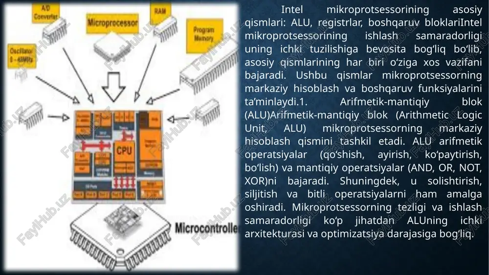 yali bus arxitekturalaridan foydalanadi. bu mikroprotsessorga ma’lumotlarni tezkor qabul qilish, qayta ishlash va natijalarni chiqarish imkonini beradi. tashqi qurilmalar bilan samarali aloqa intel mikroprotsessorining operatsion tizim, dasturiy ta’minot va apparat qismlari bilan uyg‘un ishlashini kafolatlaydi. tashqi qurilmalar bilan integratsiyabus tizimi orqali mikroprotsessor tashqi qurilmalar, jumladan, klaviatura, sichqoncha, monitor, printer, tarmoq adapteri va boshqa i/o qurilmalar bilan samarali ishlay oladi. bus tizimi mikroprotsessorning buyruqlarini va ma’lumotlarni qurilmalar bilan muvofiqlashtirib, tizimning uzluksiz va xatolarsiz ishlashini ta’minlaydi. shu bilan birga, yuqori tezlikdagi bus protokollari intel mikroprotsessorlarining ishlash samaradorligini oshiradi va zamonaviy kompyuter arxitekturasida muhim afzalliklarni beradi. asosiy qism: 1. mikroprotsessor ishlash jarayonining umumiy sxemasi mikroprotsessor ishlash jarayonining umumiy sxemasiintel mikroprotsessorining ishlash jarayoni bir qator tizimli va sinxron bosqichlardan iborat bo‘lib, har bir bosqich uning samaradorligini va tezkorligini belgilaydi. umumiy sxema mikroprotsessorning buyruqlarni qabul qilish, ularni dekodlash va bajarish jarayonlarini o‘z ichiga oladi. ushbu jarayon quyidagi asosiy bosqichlarga bo‘linadi:1. buyruqlarni qabul qilish (fetch)mikroprotsessor dastur …