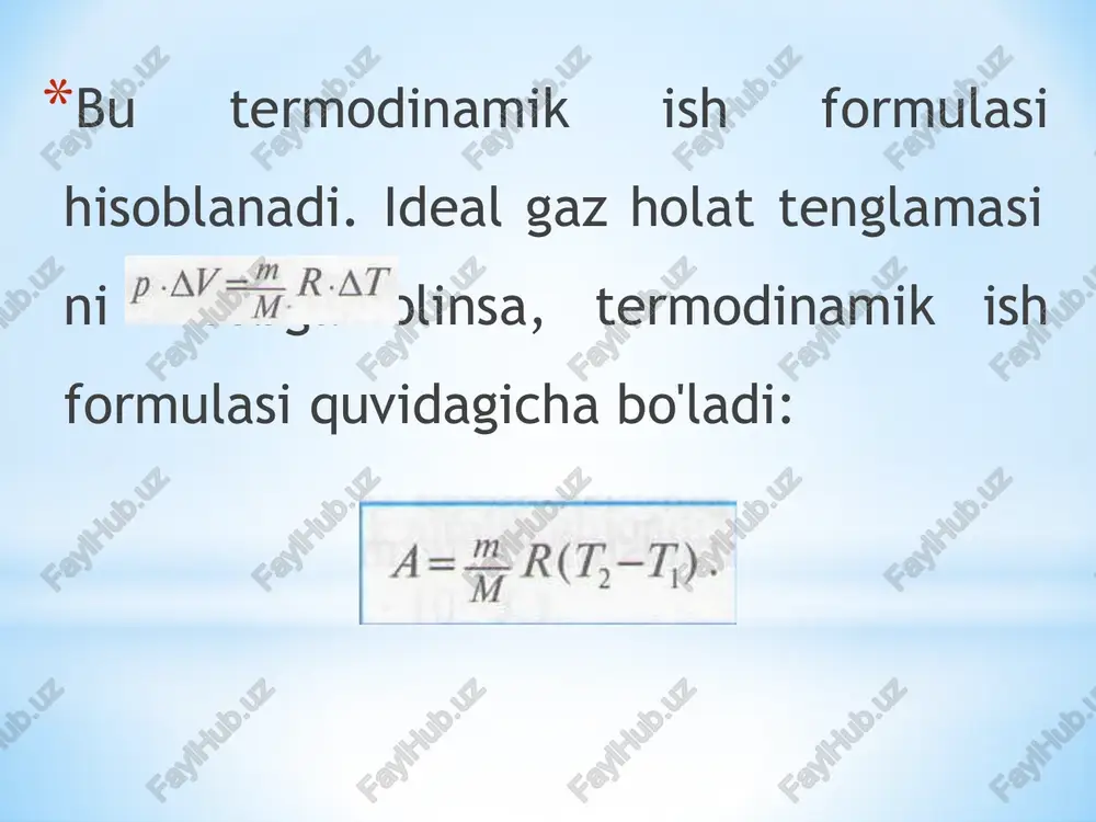 kerakligini taqozo qiladi. mana shunday yangi qonun – termodinamikaning ikkinchi qonunidir. ikkinchi qonunning asosiy vazifasi termodinamikani ikkinchi qonunining asosiy vazifasi jarayonning yo’nalish va borish chegarasini oldindan nazariy ya‘ni tajriba o’tkazmasdan aytib berishdan iboratdir. agar biror jarayonning tashqi belgilariga qarab, u qaysi jarayonga mansubligi aniqlansa, termodinamikaning ikkinchi qonunidan foydalanib, jarayonning qaysi tomonga yo’nalishini oldindan aytish mumkin. buni aniqlashda termodinamik funksiyalar deb atalgan kattaliklar – gelmgols funksiyasi, gibbs funksiyasi, kimyoviy potensial qiymatlarining o’zgarishidan foydalaniladi. bu funksiyalarning o’zgarishi kimyoviy muvozanatning qanday sharoitda qaror topishini ko’rsatadi, ya‘ni muvozanatning termodinamikaviy shartlarini aniqlab beradi. shunga ko’ra, termodinamikaning ikkinchi qonuni asosan, yuqorida nomlari keltirilgan funksiyalarning turli jarayonlardagi o’zgarishini o’rganadi. shunga ko’ra, termodinamikaviy jarayonlarning ba‘zi xillari bilan quyida tanishtirilib o’tiladi. termodinamikaviy jarayonlar termodinamikaviy jarayonlar bir necha sinfga bo’linadi: o’z – o’zicha boruvchi, o’z – o’zicha bormaydigan, muvozanat va nomuvozanat, termodinamikaviy qaytar va qaytmas jarayonlar va hokazo. o’z – o’zicha boruvchi va o’z – o’zicha bormaydigan jarayonlar tabiatda mavjud …