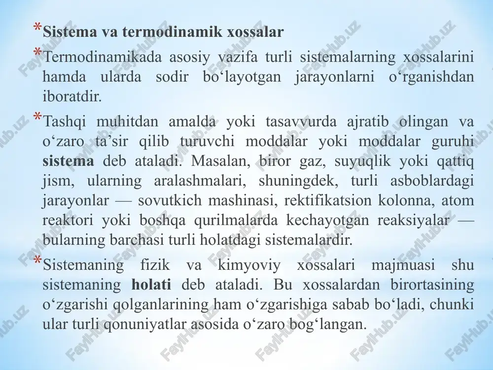 zishi dizel dvigatelida qo'llaniladi. bunday dvigatellarda benzin bilan ishlaydigan odatdagi ichki yonuv dvigatellaridagi kabi yoqilg'i aralashmasini tayyor- laydigan sistema yo'q. silindrga yoqilg'i aralashmasi emas, atmosfera havosi so'riladi. siqilish takti oxirida silindrga maxsus forsunkadan suyuq yoqilg'i purkaladi. bu paytda siqilgan havo temperaturasi yuqori bo'lganligidan yoqilg'i alangalanadi adiabatik kengayishda gazning sovishi yer atmosferasida ulkan miqyosda ro'y beradi. yer sirti yaqinida isigan havo yuqoriga ko'tariladi va yuqorida atmosfera bosimi kichik bo'lganligidan kengayadi. temperatura pasayib, suv bug'lari kondensatsiyalanadi va bulutlar hosil bo'ladi. yer sirtining notekis isishi natijasida shamollar hosil bo'ladi. shamol yo'lida biror to'siq, masalan, tog' uchrasa shamol unga urilib, tez ko'tariladi. havoning adiabatik kengayishi natijasida sovib, tez-tez yomg'ir, qor yog'ib turadi. baland tog' tepalarida qor erimay, muzliklar saqlanib turadi. -10 0 10 20 30 40 50 60 70 80 90 100 110 termodinamikaning birinchi qonunini izojarayonlarga tatbiqi. 1. izotermik jarayon. t= const, δu = 0. bundan q = a 2. izobarik jarayon p …