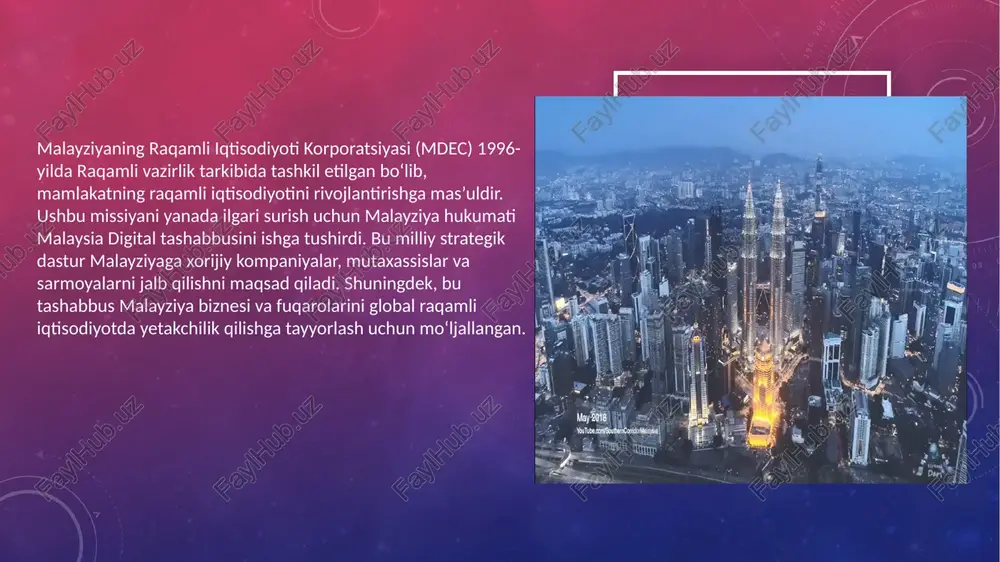 ,556 ta). 2022-yilda elektron tijoratdan tushgan daromad rm1,126.9 milliardga yetgan, bu 2015-yildagi rm398.2 milliard daromadga nisbatan yillik o‘rtacha 16.0% o‘sish deganidir. 2022-yilda elektron tijorat xarajatlari rm531.6 milliardni tashkil etgan, bu 2015-yildagi rm195.1 milliard bilan solishtirganda yillik o‘rtacha 15.4% o‘sish hisoblanadi. elektron tijorat faoliyatining ko‘rsatkichi asosiy yo'nalishlar malaysia kuchli tomonlar (strengths) 1. yaxshi rivojlangan raqamli infratuzilma va yuqori tezlikdagi internet. 2. innovatsion startap ekotizimi va texnologik parklar. 3. hukumatning raqamli transformatsiya sohasidagi siyosatlari (digital economy blueprint). 4. o'zaro integratsiyalangan raqamli iqtisodiyot va tijorat tizimlari. zaif tomonlar (weaknesses) 1. ba'zi hududlarda raqamli tafovut va internetga kirish imkoniyatlarining cheklanishi. 2. raqamli ko'nikmalar va kadrlar etishmovchiligi. 3. yaxshi rivojlangan infratuzilmaning ba'zi tarmoqlarda haddan tashqari markazlashganligi. 4. raqamli xavfsizlik va kiberxavfsizlik muammolari. imkoniyatlar (opportunities) 1. innovatsion texnologiyalarni rivojlantirish (ai, iot, 5g). 2. yangi raqamli platformalar va xizmatlarni ishlab chiqish. 3. startaplar va kichik bizneslarni qo'llab-quvvatlash. 4. asean hududida raqamli integratsiya va tarmoqni kengaytirish imkoniyati. 5. …