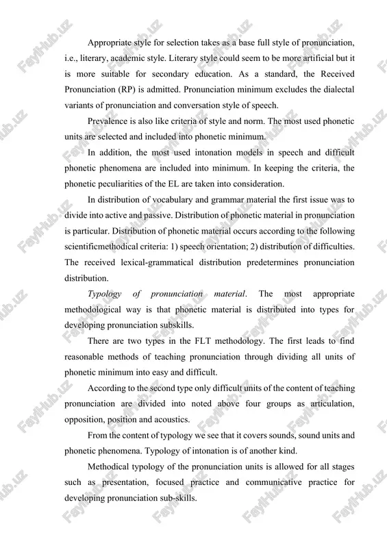 as presentation, focused practice and communicative practice for developing pronunciation sub-skills. 3. ways and principles of developing pronunciation subskills presentation of the pronunciation material occurs through the utterance of phonetic units by a teacher and hearing of the students. it is very important to solve the problems of presenting a pronunciation unit alone, in a word or in a sentence objectively for development of pronunciation sub-skills. the following approaches are used for teaching pronunciation: 1. articulatory approach – explanation of sounds articulation to students. the stages of working: 1) orientation – giving instructions about positions of the organs of speech for sound pronunciation; 2) articulation – students pronounce a sound; 3) pronunciation training in various combinations via exercises. 2. acoustic approach to teaching pronunciation where emphasis is put on the conscious assimilation articulation features, on listening and imitation. exercises are based on repetition and imitation 3. differentiated approach proposes using …
