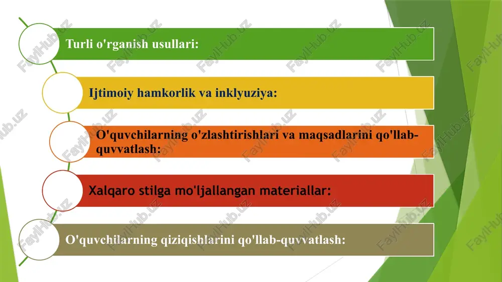 -yillariga qadar jahon miqiyosida differensial ta’lim muassasalarining tarmog’i intensiv tavishda o’sib ko’plab davlatlarda hatto 12-15 turdagi maxsus muassasalar ochildi. masalan, qozog’iston, rossiya va belgiyada 8 turdagi, niderlandiyada esa 15 turdagi maxsus muassasalar mavjud. 1970-1980 yillarga kelib jahon miqiyosida insomparvarlik va kamsitishlarga yo’l qo’ymaslik g’oyasining ilgari surilishi maxsus ehtiyojli bolalarga e’tiborning yanada yaxshilanishiga olib keldi". ammo shunday bo’lsada ko’plab imkoniyati cheklangan bolalar va o’smirlar ta’limdan chetda qolib keldi. bugungi kunda respublika bo‘yicha jismoniy yoki ruhiy rivojlanishida nuqsoni bo‘lgan bolalar uchun jami 86 ta ixtisoslashtirilgan maktab va maktab-internatlarda 21,2 ming nafar, 21 ta sanatoriy turidagi maktab-internatlarda 6,1 ming nafar o‘quvchilar ta’lim-tarbiya oladi. shuningdek, uzoq muddat davolanishga muhtoj bo‘lgan 13,3 ming nafar o‘quvchilar uyda yakka tartibda o‘qitiladi. 150 nafardan ortiq tibbiy-psixologik-pedagogik komissiya va 1,3 ming nafardan ortiq pedagog xodimlar inklyuziv ta’lim xizmatlariga o‘qitildi; pedagog xodimlarni qayta tayyorlash va malakasini oshirish bo‘yicha ta’lim muassasalarining o‘quv rejalariga ta’lim tizimiga inklyuziv amaliyotni tatbiq etishga doir 3 …