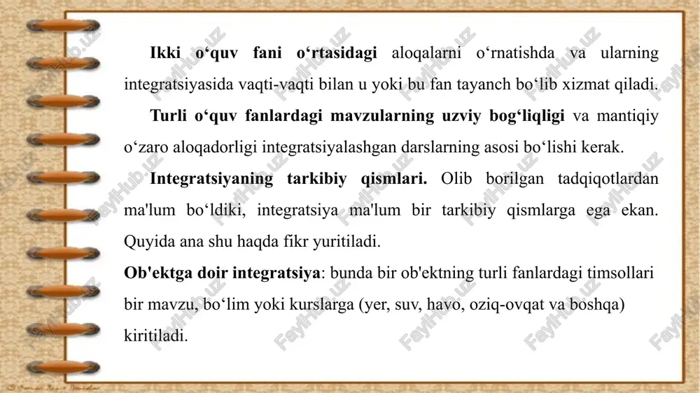 ilm berish sistemasi yuqori darajada fan asoslarini o'rnatishga, tafakkurni rivojlangan, olamni bir butunlikda anglashga va tasavvur etishga, tevarak atrofda bo'layotgan voqealarni to'g'ri anglashga, ularni mohiyatini anglab oladigan yoshlarni tarbiyalashga yo'naltirilgan. maktablarda o'rgatiladigan fanlarning tarqoqligi maktab bitiruvchisida bir ko'rinishli (fragmentar) dunyoqarashni keltirib chiqaradi. hozirgi zamon ilm-fanida esa iqtisodiy, siyosiy va madaniy fanlari integrasiyasiga moyillik yuqori turadi. maktab umumta'lim fanlarining tarqoq holda o'rgatilishi, ularni bir-biriga uzviy bog'liqlikda o'rgatilmasligi o'quvchilar bilimini to'la bo'lishi va butun borliqni bir butun holda anglashlariga to'sqinlik qilib, o'quvchilarda qiyinlik uyg'otadi. olimlarimizning fikricha, integrasiya didaktik prinsiplar qatoriga kiradi va ular orasida yetakchi o'rin egallaydi. bunday tushuncha ta'lim tizimida integrasiya masalasini, fanlararo uzviylik va bog'liqlik masalasini yana bir bor ko'rib chiqish zaruratini yuzaga keltiradi. ta'lim sistemasiga integrasiyani kiritish maktab va jamoatchilik o'rtasida turgan ta'lim va tarbiyaga oid vazifalarni hal etishda asosiy vosita bo'lishi mumkin. integrasiyalashtirilgan darslar bolalar dunyoqarashida bir butunlikni, voqealar uzviyligini tushunishini tabiatan anglab yetishga o'rgatadi. shuni alohida hisobga …