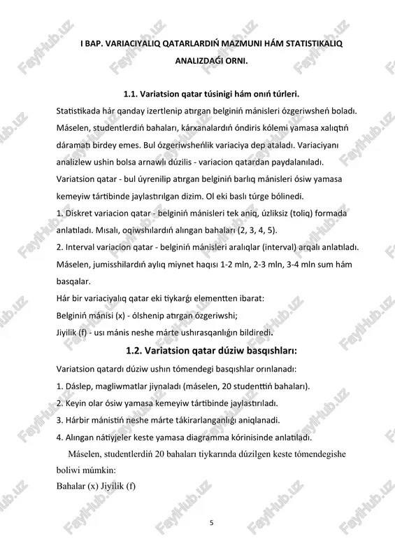 estiriw (ranklaw) - bul maǵlıwmatlardı belgili tártipte (ósiw yamasa kemeyiw boyinsha) jaylastırıw procesi. tártiplestiriw variacion qatar dúziwdiń birinshi basqıshı yesaplanadi. tártiplestiriw tómendegi maqsetlerde qollanıladı: 1. magliwmatlardı sistemalı halatqa keltiriw; 2. en kishi hám eń úlken mánislerdi anıqlaw; 3. moda hám mediananı esaplawdı ańsatlastırıw; 4. ózgerıw tendenciyaların anıqlaw. mısalı, 10 adamnıń jası: 23, 25, 19, 30, 21, 22, 28, 25, 24, 27 tártiplengen kórinisi: 19, 21, 22, 23, 24, 25, 25, 27, 28, 30 bul tártiplesken qatar arqalı mediananı anıqlaw ańsat boladı: mediana = (24 + 25) / 2 = 24.5 tártipke salıw arqalı, sonday-aq, maǵlıwmatlardıń ózgeriw dárejesi, tarqalıwı, simmetriyalı yamasa asimmetriyalı túrde ekenligi haqqında juwmaq shıǵarıw múmkin. 2.4. moda, mediana hám ortasha mánis arasındaǵı baylanıs. kóbinese moda, mediana hám arifmetikalıq ortasha bir-birine jaqın boladı. olar arasında tómendegi empirikalıq baylanıs bar: mo = 3me - 2\overline{x} bul jerde - ortasha arifmetikalıq mánis. eger bólistiriw simmetriyalı bolsa: mo ≈ me ≈ \overline{x} …