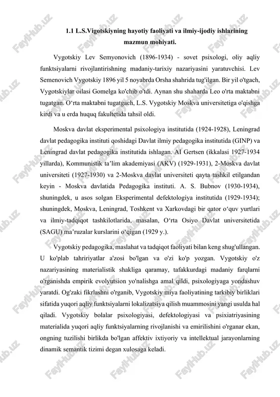 v semenovich bu muammoni bolalar psixologiyasi nuqtai nazaridan ko'rib chiqdi. bolaning ma'naviy rivojlanishi kattalarning unga uyushgan ta'siriga ma'lum darajada bog'liq edi. lev semenovichning aqliy rivojlanishi va bolalik davrida shaxsni shakllantirish qonuniyatlarini, maktabda bolalarni o'qitish va o'qitish muammolarini o'rganishga bag'ishlangan ko'plab asarlari mavjud. vygotskiy defektologiya fanining rivojlanishida eng katta rol o'ynadi. u moskvada g'ayritabiiy bolalik psixologiyasi laboratoriyasini yaratdi, keyinchalik u eksperimental defektologiya institutining ajralmas qismiga aylandi. anormal bolalarning psixologik xususiyatlarini o'rganishda vygotskiy aqli zaif va kar-ko'rlarga asosiy e'tiborni qaratdi. vygotskiy asarlarida bolaning yuqori aqliy funktsiyalarini rivojlantirishda kamolot va o'rganish roli o'rtasidagi bog'liqlik muammosi batafsil ko'rib chiqiladi. u eng muhim printsipni ishlab chiqdi, unga ko'ra miya tuzilmalarining saqlanishi va o'z vaqtida etukligi yuqori aqliy funktsiyalarni rivojlantirish uchun zarur, ammo etarli shart emas. ushbu rivojlanishning asosiy manbai o'zgaruvchan ijtimoiy muhit bo'lib, uni tavsiflash uchun vygotskiy rivojlanishning ijtimoiy holati atamasini kiritgan bo'lib, u "bola va uni o'rab turgan voqelik o'rtasidagi o'ziga xos, yoshga xos, …