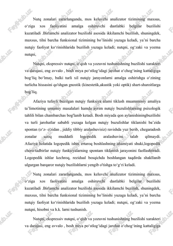rgan barqaror nutqiy buzilishlarni yengib o'tishga to‘g‘ri keladi. tuzatish-pedagogik ish usullarini tanlash nutq funktsiyalarini tiklash bosqichi yoki bosqichiga bog'liq. qon tomiridan keyingi dastlabki kunlarda nutqni tiklash jarayonida bemorning nisbatan passiv ishtiroki bilan ish olib boriladi. nutq funktsiyalarini inhibe qiladigan va tiklanishning dastlabki bosqichida efferent vosita afaziyasida "telegraf uslubi" agrammatizmi va afferent vosita afaziyasida ko'p miqdordagi so'zma- so'z parafaziyalar kabi nutq buzilishlarining oldini oladigan usullar qo'llaniladi. nutq funktsiyalarini tiklashning keyingi bosqichlarida bemorga mashg'ulotlarning tuzilishi va rejasi tushuntiriladi, topshiriqni bajarishda u foydalanishi mumkin bo'lgan vositalar beriladi va hokazo. 3. darslarning korreksion-pedagogik tizimi ish usullarini shunday tanlashni nazarda tutadi, bu esa dastlab buzilgan binoni (u to'liq bo'lmagan holda) tiklash yoki nutq funktsiyasining buzilmagan bo'g'inlarini qayta tashkil etish imkonini beradi. masalan, afferent vosita afaziyasida akustik nazoratning kompensatsion rivojlanishi nafaqat yozish, o'qish va tushunishni tiklash uchun buzilgan kinestetik nazoratni akustik nazorat bilan almashtirish emas, balki saqlanib qolgan periferik joylashgan analitik elementlarning rivojlanishi, asta-sekin to'planishi. nuqsonli …