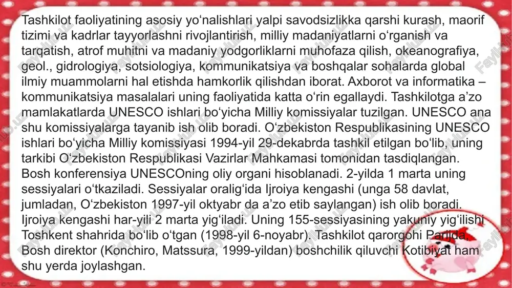 va tabiiy merosni tegishli soha mutaxassislarini jalb qilgan holda yunesko ro‘yxatlariga kiritish bo‘yicha yagona muvofiqlashtiruvchi hisoblanadi; manfaatdor vazirlik va idoralar bilan birgalikda yuneskoning grantlari va texnik ko‘maklari hamda ta’lim, fan va madaniyat sohalariga oid loyihalarni amalga oshiradi; o‘zbekiston respublikasi hukumatining yunesko yo‘nalishi bo‘yicha xalqaro tashabbuslarini ilgari surish doirasida vazirliklar va idoralar bajarishi majburiy bo‘lgan topshiriqlar ishlab chiqilishini hamda ularning bajarilishini nazorat qiladi. 2. shunday tartib o‘rnatilsinki, unga ko‘ra: ta’lim, ilm-fan, madaniyat, ommaviy axborot vositalari hamda kommunikatsiyalar sohasidagi yunesko faoliyatiga oid barcha normativ-huquqiy hujjatlar va tadbirlar loyihalari; yuneskoning umumjahon merosi ro‘yxatiga kiritilgan va kiritilishi taklif qilingan, shu jumladan ularning bufer zonalarida joylashgan hududlar va obyektlarga tegishli asrashga doir ishlar amalga oshiriladigan moddiy madaniy meros ko‘chmas mulk obyektlarining manzilli ro‘yxatlari va raqamlashtirilgan pasportning tarkibi; yuneskoning umumjahon merosi ro‘yxatiga kiritilgan va kiritilishi taklif qilingan obyektlar va hududlarning qo‘riqlanadigan tegralarida arxeologik tadqiqotlar o‘tkazish, restavratsiya va konservatsiya ishlarini amalga oshirish kotibiyat bilan majburiy tartibda kelishilishi …