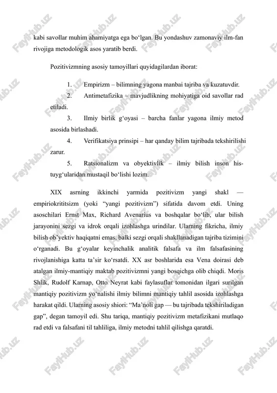 , ijtimoiy va tarixiy jihatlarini e’tibordan chetda qoldirgan. pozitivizm faqat obyektiv faktlarga asoslanib, inson subyektivligini, qadriyatlar dunyosini, madaniyat va tafakkur xilma-xilligini yetarlicha izohlay olmadi. shuning uchun xx asr o‘rtalarida postpozitivizm paydo bo‘lib, pozitivizmning cheklangan tomonlarini bartaraf etishga urinadi. pozitivizm falsafasi inson tafakkurining ilmiy yo‘nalishga o‘tishidagi muhim bosqichdir. u falsafani empirik tekshiruvga asoslab, bilishning ilmiy metodlarini rivojlantirdi. shu bilan birga, u o‘zining qat’iy antimetafizik ruhiyati bilan falsafaning insoniy va ijtimoiy o‘lchovlarini chekladi. biroq aynan shu cheklovlar keyingi davrda postpozitivistik harakatlarning yuzaga kelishiga sabab bo‘ldi. postpozitivizm, bir ma’noda, pozitivizmning tanqidiy qayta ko‘rib chiqilgan shakli sifatida, ilm-fan, bilish va haqiqat muammolarini yanada chuqurroq tahlil qilishga yo‘l ochdi. 3. postpozitivizmning shakllanish sabablari postpozitivizm falsafasi xx asr ilm-fani va tafakkurida yuz bergan tub o‘zgarishlar natijasida shakllandi. bu yo‘nalish klassik pozitivizmning ichki cheklanishlariga, uning metodologik va bilish nazariyasidagi yetarli izoh bera olmagan jihatlariga javoban yuzaga kelgan yangi falsafiy bosqichdir. pozitivizm o‘z davrida fanning empirik asoslarini mustahkamlab, …