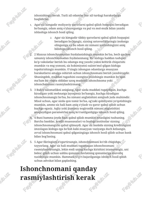 hisobga olgan holda o'zingizni himoya qilishingiz mumkin. 1. 1 o'zingiz nomlagan odamlar to'g'risida yaxshilab o'ylab ko'ring. bu, ehtimol, aytmasdan o'tishi mumkin, lekin siz ko'rsatilgan harakatlarni amalga oshirish uchun siz o'zingiz nomiga ishongan odamga to'liq ishonishingiz kerak. turli xil odamlar har xil turdagi harakatlarga haqlidirlar. 1. agar siz kimgadir moliyaviy qarorlarni qabul qilish huquqini beradigan bo'lsangiz, odam aniq o'ylayotganiga va pul va mol-mulk bilan yaxshi ishlashiga ishonch hosil qiling. 1. agar siz kimgadir tibbiy qarorlarni qabul qilish huquqini beradigan bo'lsangiz, sizning ustuvorliklaringiz inobatga olinganiga va bu odam siz nimani xohlashingizni aniq bilishiga ishonch hosil qiling. 1. 2 maxsus ishonchnomadan foydalanishingiz mumkin bo'lsa, hech qachon umumiy ishonchnomadan foydalanmang. bir kishiga haddan tashqari ko'p vakolatlar berish bu odamga eng yaxshi yukni keltirib chiqarishi mumkin va eng yomoni, siz hokimiyatni suiiste'mol qilgan kishiga topshirishingiz mumkin. o'zingiz ishongan odamlarga muayyan harakatlarni amalga oshirish uchun ishonchnomani berish yaxshiroqdir. shuningdek, muddati tugashini osongina yozishingiz mumkin bo'lgan ma'lum …
