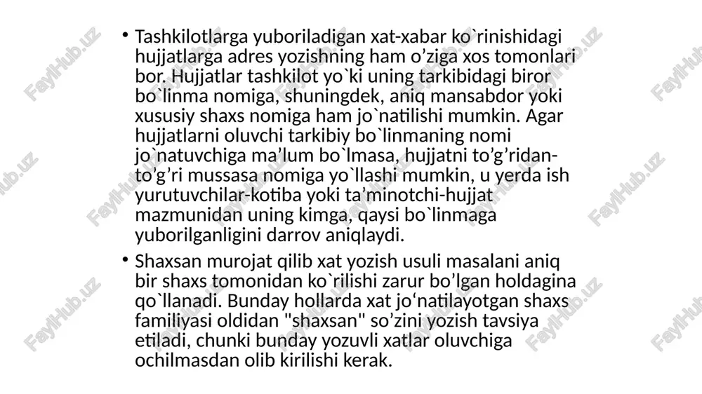 i, familiyasi) 2. (lavozimi, ismi va ota ismining bosh harflari, familiyasi) 3. lavozimi, ismi va ota ismining bosh harflari, familiyasi)dan iborat hay’at tomonidan (shaxs yoki shaxslar) lavozimi, ismi va ota ismi, familiyasi) ishtirokida tuziladi. matn ilovalar hay’at raisi (imzo) f.i.sh hay’at a’zolari (imzolar) f.i.sh ishtirok etganlar (imzolar) f.i.sh ishonchnoma bu muayyan muassasa yoki ayrim shaxs o’z nomidan ish ko’rishi uchun ikkinchi bir shaxsga ishonch bildiradigan yozma vakolatli hujjat. ishonchnomalar o’z mazmuniga ko’ra, mol-mulkni boshqarish, pul va moddiy-buyum boyliklarini olish, sud idoralarida ish olib borish va boshqa ishlarni amalga oshirishni ifodalaydi. muayyan ish harakatini bajarishga vakolat berish kim tomondan (muassasa tomonidanmi yoki ayrim shaxs tomonidanmi) rasmiylashtirilishiga qarab, ishonchnomalar shaxsiy va rasmiy (xizmat) turlariga bo’linadi. rasmiy ishonchnomaning zaruriy qismlari: ishonchnoma beruvchi muassasa nomi 2. ishonchnoma tartib raqami va berilgan vaqti (sanasi). 3. ishonchnoma berilayotgan shaxsning lavozimi va to’liq nomi (ismi, otasining ismi, familiyasi). 4. qimmatdor buyumlar olinadigan (beradigan) muassasaning nomi. 5. ishonchnomaning …
