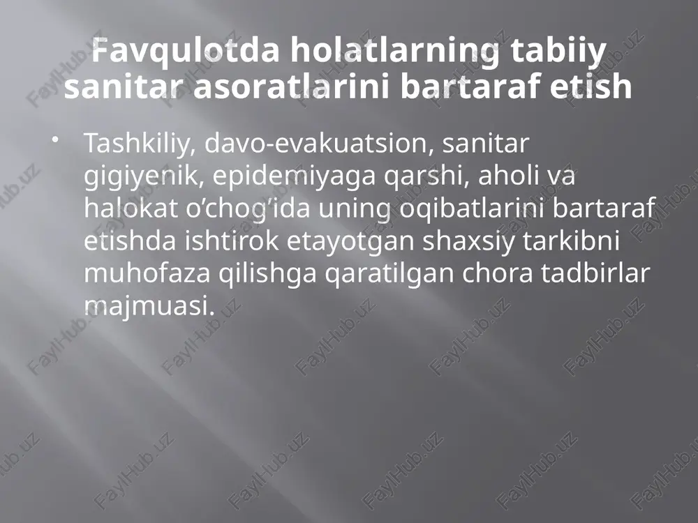 ya shikastlanishlari kabi holatlar. bu guruh bemorlari tez-tibbiy yordam ko’rsatilmasa ahvoli og’irlashishi mumkin, lekin hayotiga bevosita xavf solinmaydigan holatlar. shifoxonagacha bosqichda saralash 3-guruh – qolgan barcha jabrlanuvhchilar uchinch iguruhga kiritiladi. 4-guruhga yaqin tibbiy muassasaga borishi kifoya bo’lganlar. 5- guruhga – mustaqil yura oladigan va halokat o’chog’idan mustaqil chiqib keta oladiganlar. guruhlar ichida dastlab, homilador ayollar va bolalarga e’tibor qaratiladi shifoxona bosqichida saralash 1- saralash guruhi – o’ta og’ir hayotga mos kelmaydigan shikastlanishlari bor jabrlanganlar, hayotiy zarur azolar faoliyati buzilishlari aniq bilinib turganlar, es-hushning o’g’ir buzilishlari, qon bosimining keskin pasayishi, o’tkir nafas yetishmovchiligi bor bemorlar. kasallik oqibati yomon va ularga simptomatik davo azoblanishini kamaytirish uchun o’tkaziladi. shifoxona bosqichida saralash 2- saralash guruhi – og’ir shikastlanganlar, hayotiy ko’rsatkichlar buzilishi keskin yomonlashib borayotgan bemorlar: hayotga xavf soluvchi asoratlar bo’lishi mumkin bo’lgan shikastlanishlar; bir yoki bir nechta hayotiy zarur tizimlar faoliyatining yo’qolishiga olib keluvchi zaharlanishlar. buzilishlarni bartaraf etish uchun tazda davo profilaktik chora-tadbirlari o’tkazish …