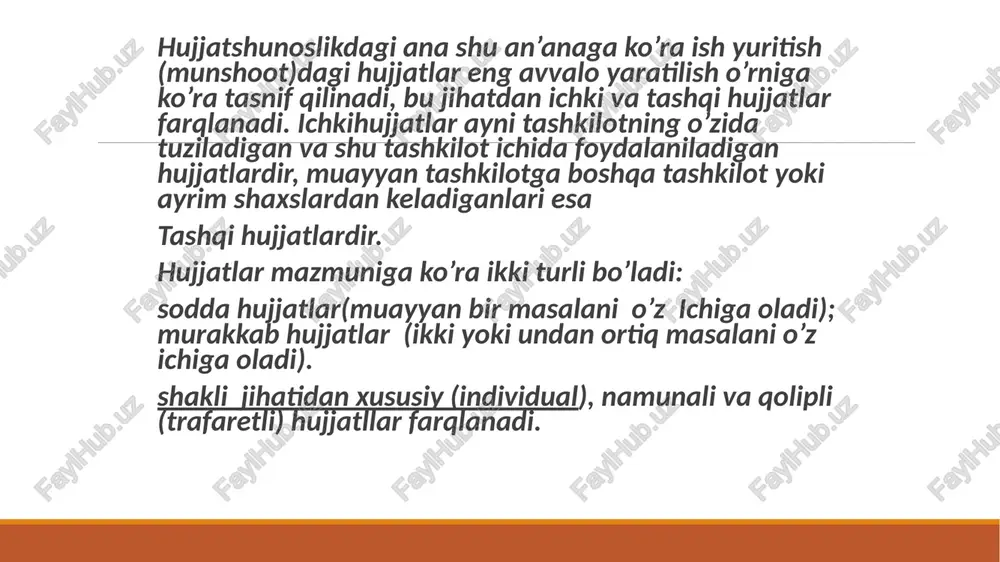 . «matn sarlavhasi». aksariyat hujjatlar uchun uning mazmunini aks ettiruvchi qisqa va aniq sarlavha bolishi kerak. tashkilot nomidan so'ng katta harflar bilan yoziladi. masalan: «qomuslar bosh tahririyati» nomini va tuzilmasini qayta tashkil etish haqida». hujjatning chap tomonidagi yuqori burchakda (ba'zi hollarda o'rtaga) blanka rekvizitlaridan so'ng qo'yiladi. (10)«sana». imzo chekilish sanasi, tasdiqlash sanasi, rozilik sanasi, shuningdek, matn ichidagi sanalar so'z bilan ifodalangan sana usulida rasmiylashtiriladi. sanalar arab raqamlarida alohida satrda ko'rsatiladi. masalan: 2018-yil 25-oktyabr; 2019-yil 21-dekabr (11). «shartli raqam» («indeks») qaydlov raqami bo'lib, har bir kelayotgan yoki chiqayotgan hujjat rasmiy indekslash tizimiga muvofiq ro'yxatga olinganda qo'yiladi. (12)«tuzilgan yoki nashr qilingan joyi». bu zaruriy qism pochta manzili qo'yilgan xatdan tashqari har bir hujjatda bo'ladi; «sana» va «shartli raqam»dan pastga joylashtiriladi. uni yozishda mamlakatning ma'muriy-hududiy bo'linishi e'tiborga olinadi. 13.«hujjatni oluvchi» zaruriy qismi hujjatning o'ng burchagi yuqorisiga qo'yiladi. hujjat tashkilot, uning tarkibiy 27 bo'linmasiga yoki aniq mansabdor shaxsga yo'naltiriladi. bunda tashkilot nomi, tarkibiy bo'linma …