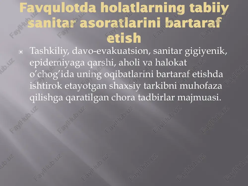 olib ketishi, qorin va ko’krak jarohatlari, suyaklarning ochiq va yopiq sinishlari, yumshoq to’qimalarning katta hajmda shikastlanishlari, bosh miya shikastlanishlari kabi holatlar. bu guruh bemorlari tez-tibbiy yordam ko’rsatilmasa ahvoli og’irlashishi mumkin, lekin hayotiga bevosita xavf solinmaydigan holatlar. shifoxonagacha bosqichda saralash ▣ 3-guruh – qolgan barcha jabrlanuvhchilar uchinch iguruhga kiritiladi. ▣ 4-guruhga yaqin tibbiy muassasaga borishi kifoya bo’lganlar. ▣ 5- guruhga – mustaqil yura oladigan va halokat o’chog’idan mustaqil chiqib keta oladiganlar. ▣ guruhlar ichida dastlab, homilador ayollar va bolalarga e’tibor qaratiladi shifoxona bosqichida saralash ▣ 1- saralash guruhi – o’ta og’ir hayotga mos kelmaydigan shikastlanishlari bor jabrlanganlar, hayotiy zarur azolar faoliyati buzilishlari aniq bilinib turganlar, es-hushning o’g’ir buzilishlari, qon bosimining keskin pasayishi, o’tkir nafas yetishmovchiligi bor bemorlar. kasallik oqibati yomon va ularga simptomatik davo azoblanishini kamaytirish uchun o’tkaziladi. shifoxona bosqichida saralash ▣ 2- saralash guruhi – og’ir shikastlanganlar, hayotiy ko’rsatkichlar buzilishi keskin yomonlashib borayotgan bemorlar: ▣ hayotga xavf soluvchi asoratlar bo’lishi …