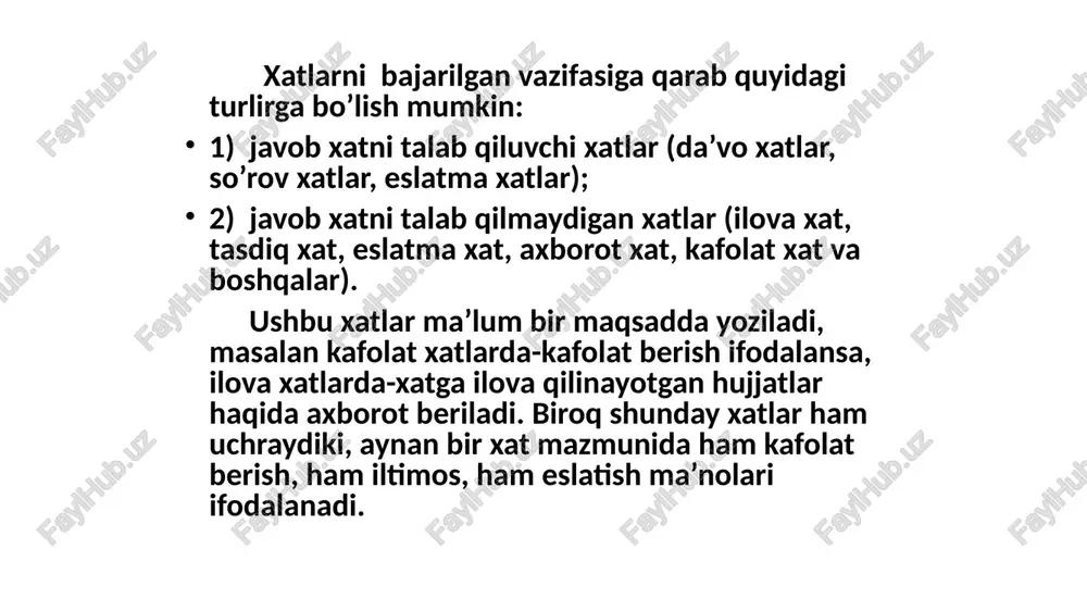 anadi va tashkilot yoki alohida shaxslarga jo’natiladi. kafolat xatlari ham boshqa xat turlaridek, odatda, idoraning xos ish qog’oziga yoziladi. so’rov xat. javob talab qiladigan bunday yozishmalarda ma’lumotlar, hujjatlar yoki boshqa zarur narsalar so’raladi. birgina xatda turli masalalarga doir bir necha so’rovlar aks etmasligi kerak. bayon qilinayotgan masalalar aniq va ravshan bo’lishi lozim. faqat shu holdagina yo’llangan so’rovga tez va mukammal javob olish mumkin. tasdiq xat. ma’lum bir muassasa tomonidan yuborilgan iltimos va so’rovlarga javob tarzida yoziladigan xatlarning bir turi. tasdiq xatning qaysi xatga javoban bitilganligi iloji boricha aniq ko’rsatilishi kerak. bunday xat matnida qo’llanuvchi asosiy so’zlardan biri “tasdiqlamoq” fe’lidir. tasdiq xatlar o’z vaqtida jo’natilsa, eslatma xatlar uchun hech qanday ehtiyoj sezilmaydi. natijada xizmat yozishmalarning hajmi qisqaradi. farmoyish xat. bir tarmoqqa tegishli quyi muassasalarning barchasiga yo’llangan rasmiy hujjatdir. farmoyish xatlar xizmat aloqalarining ko’pgina sohalarida qo’llanaladi. ularning asosiy vazifasi aynan bir xil mazmundagi xabarni bir necha manzilga etkazishdir. /docprops/thumbnail.jpeg