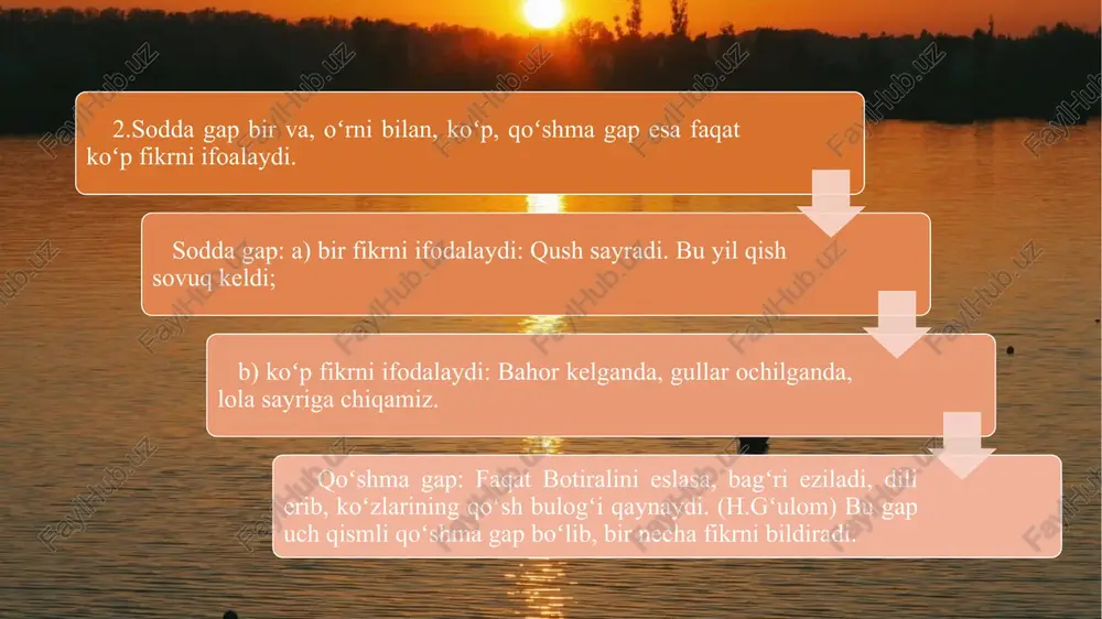 ergash gap goʻyo bogʻlovchi bilan boshlanadi, uning kesimi «-ganday», «-ganidek» qoʻshimchali fe’l shakllaridan ifodalanadi. toki bogʻlovchisi 10. toki bogʻlovchisi yordamida quyidagi ergash gaplar bosh gapga bogʻlanib keladi: a) maqsad ergash gap: yaxshilab ta’ziringni berish kerak, toki boshqalarga namuna boʻlsin. b) payt ergash gap: tanamda toki jonim bor, unutmasman seni hargiz. toki jonim boʻlar eakn tanamda, doʻstlik kuyin kuylay ulugʻ vatanda. oʻzbek tilida ergash gapli qoʻshma gap qismlarini biriktirishda bogʻlovchi vazifasini bajaruvchi ayrim soʻzlar muhim rol oʻynaydi. bunday soʻzlardan biri «demoq» fe’lidir. bu soʻz deb, deguncha, degan kabi formalarda qoʻllanib, ergash va bosh gaplarni bir-biriga bogʻlaydi: a) maqsad ergash gap+bosh gap: deb bogʻlovchisi ba’zan ogʻzaki nutqda «deyishib» shaklida qoʻllanishi mumkin: qizlar, birov eshitib qolmasin deyishib, sekin-sekin gaplashishar edi. (ogʻzaki nutqda) b) toʻldiruvchi ergash gap+bosh gap ajoyib odamlar oʻtgan ekan, deb suratinga boqaman toʻymay. v) payt ergash gap +bosh gap bahor keldi deguncha, eshon bir yoqqa joʻnaydilar. (p.tursun) g) aniqlovchi ergash gap …