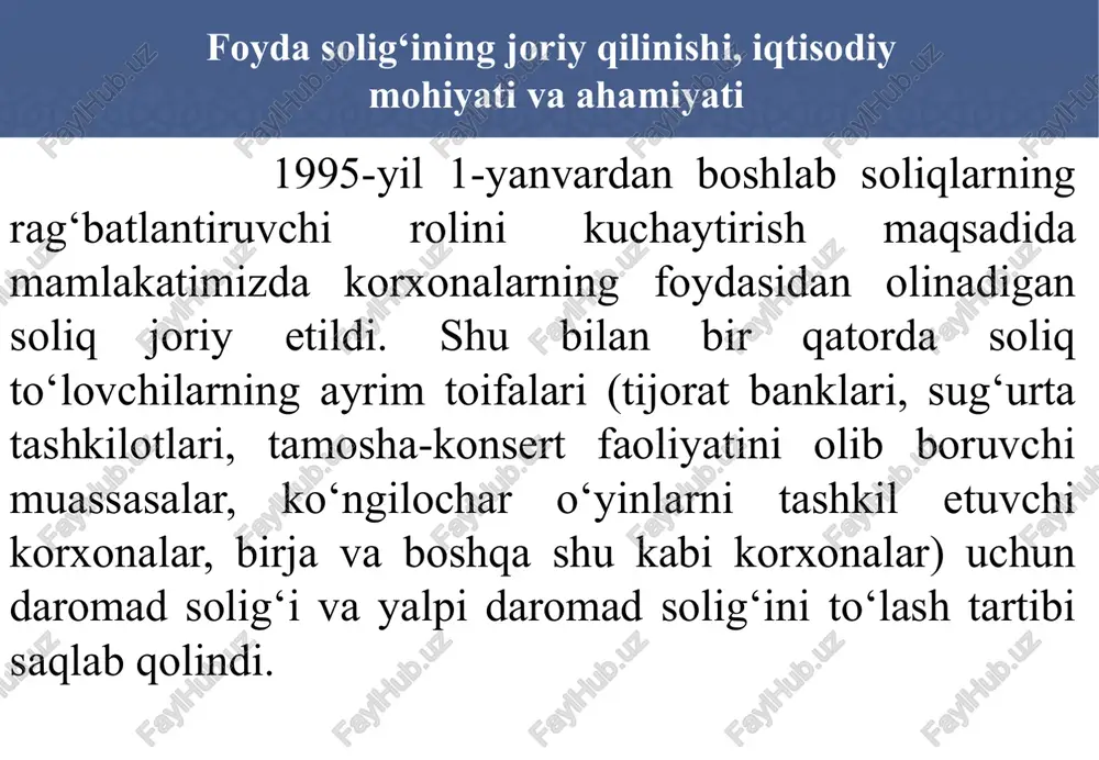 kiston respublikasi vazirlar mahkamasining qaroriga binoan markazlashtirilgan tartibda amalga oshirishlari mumkin (misol uchun, energetika, neftgaz-xolding kabi tarmoq korxonalari). soliq to‘lovchilar tarkibi, soliq obyekti va soliq bazasi 12 soliqqa tortish maqsadida foydaga soliq to‘lovchilarni rezidentlar va norezidentlarga ajratiladi. soliq kodeksining 33-moddasiga muvofiq, quyidagi yuridik shaxslar o’zbekiston respublikasining soliq rezidentlaridir: - o’zbekiston respublikasining yuridik shaxslari; - o’zbekiston respublikasining soliq solish masalalari bo’yicha xalqaro shartnomalariga muvofiq ushbu xalqaro shartnomalarni qo’llash maqsadlari uchun o’zbekiston respublikasining soliq rezidentlari deb e’tirof etilgan chet el yuridik shaxslari; - haqiqatdagi boshqaruv joyi o’zbekiston respublikasi bo’lgan chet el yuridik shaxslari, agar o’zbekiston respublikasining soliq masalalari bo’yicha xalqaro shartnomasida boshqacha qoida nazarda tutilmagan bo’lsa. soliq to‘lovchilar tarkibi, soliq obyekti va soliq bazasi 13 o’zbekiston respublikasining soliq rezidentlari bo’lmagan yuridik shaxslar o’zbekiston respublikasining norezidentlari deb e’tirof etiladi. o‘zbekiston respublikasi rezidenti bo‘lgan yuridik shaxslar o‘zbekistonda va undan tashqaridagi faoliyatdan olgan daromadlaridan foyda solig‘iga tortiladilar. rezidentlar doimiy faoliyat ko‘rsatuvchilar bo‘lsa, norezidentlar faoliyati respublikada …
