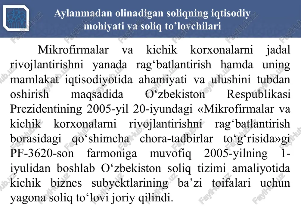 mladan: «navoiy kon-metallurgiya kombinati» aksiyadorlik jamiyati 13 803,4 5,1 «olmaliq kon-metallurgiya kombinati» aksiyadorlik jamiyati 4 473,0 1,7 1.2 aylanmadan olinadigan soliq 2 851,1 1,1 1.3 jismoniy shaxslardan olinadigan daromad solig‘i 38 477,0 14,2 2. bilvosita soliqlar 111 654,5 41,2 2.1 qo‘shilgan qiymat solig‘i 74 045,7 27,4 2.2 aksiz solig‘i 22 769,2 8,4 2.3 bojxona boji 14 839,6 5,4 3. resurs soliqlari va mol-mulk solig‘i 31 831,3 11,8 3.1 mol-mulk solig‘i 6 715,0 2,5 3.2 yer solig‘i 7 171,1 2,6 3.3 yer qa’ridan foydalanganlik uchun soliq 16 684,2 6,2 3.4 suv resurslaridan foydalanganlik uchun soliq 1 261,1 0,5 4. dividendlar 23 755,0 8,8 shu jumladan: «navoiy kon-metallurgiya kombinati» aksiyadorlik jamiyati 11 797,5 4,4 «olmaliq kon-metallurgiya kombinati» aksiyadorlik jamiyati 6 787,6 2,5 5. boshqa daromadlar va soliq bo‘lmagan boshqa tushumlar 17 851,4 6,6 2024 yil uchun o‘zbekiston respublikasi davlat byudjeti daromadlari prognozi mlrd.so’m aylanmadan olinadigan soliqning iqtisodiy mohiyati va soliq to’lovchilari 2020-yil …